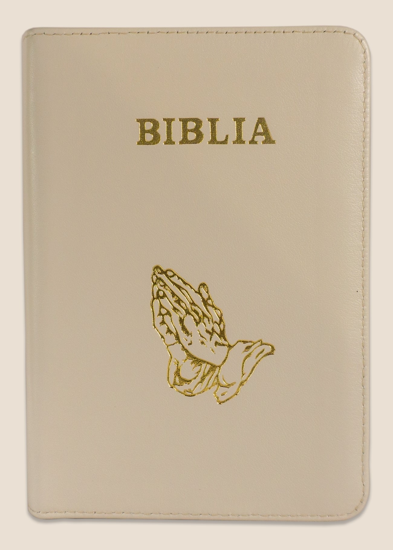 Biblie din piele,marime mica, culoare, crem, fermoar, margini albe, simbolul maini in rugaciune, cuv. lui Isus in rosu [043 PF]