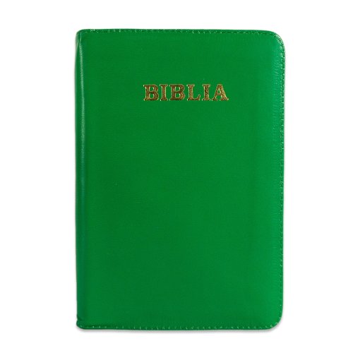 Biblia din piele, marime medie, culoare verde, margini albe, fermoar, cuv. lui Isus cu rosu [053]