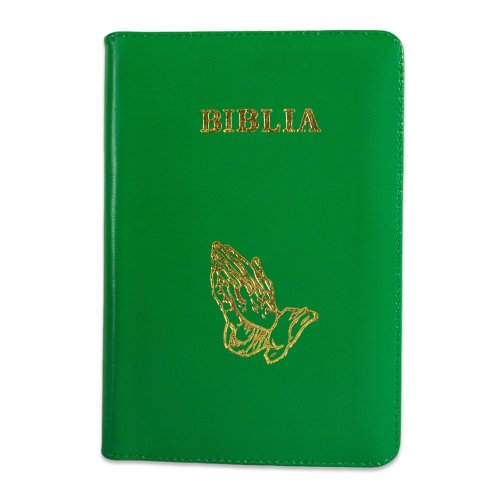 Biblie din piele, marime medie, culoare verde, simbol maini in rugaciune, fermoar, index, margini aurii, cuv. lui Isus cu rosu [SB 057 PFI]