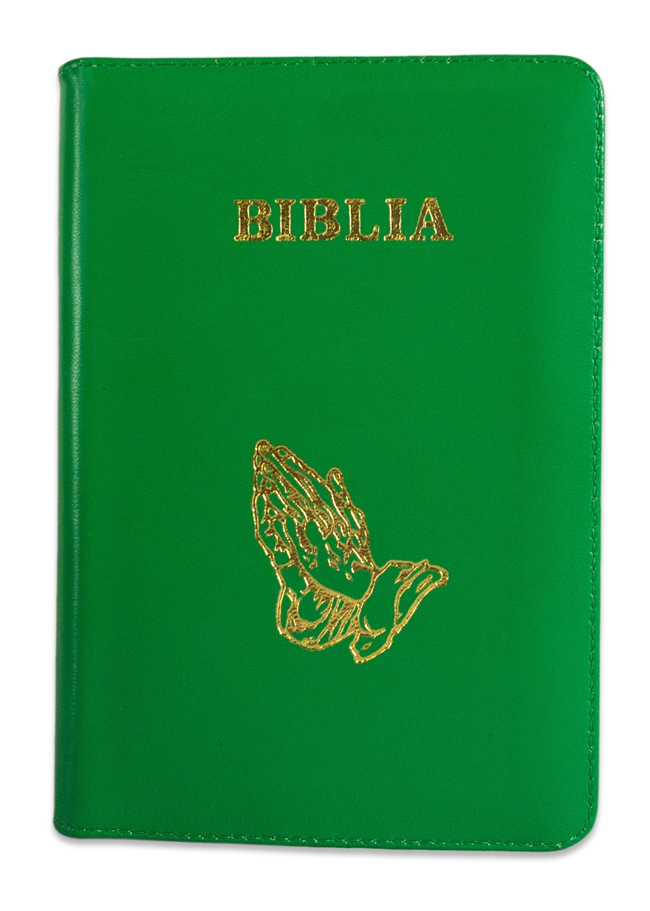Biblia mica, piele, verde, index, fermoar, margini aurii,  simbolul maini, cuv. lui Isus in rosu [047 PFI]