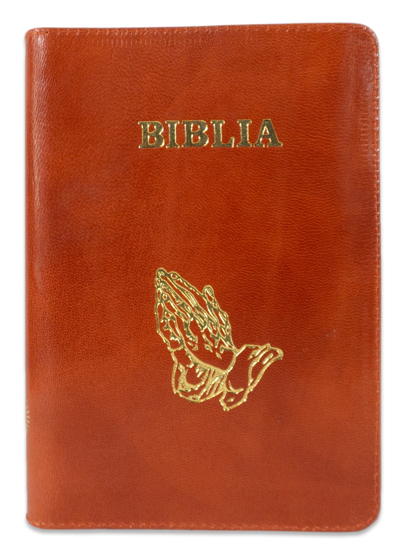 Biblie din piele, marime medie, culoare caramiziu, simbol maini in rugaciune, fermoar, index, margini aurii, cuv. lui Isus cu rosu [SB 057 PFI]