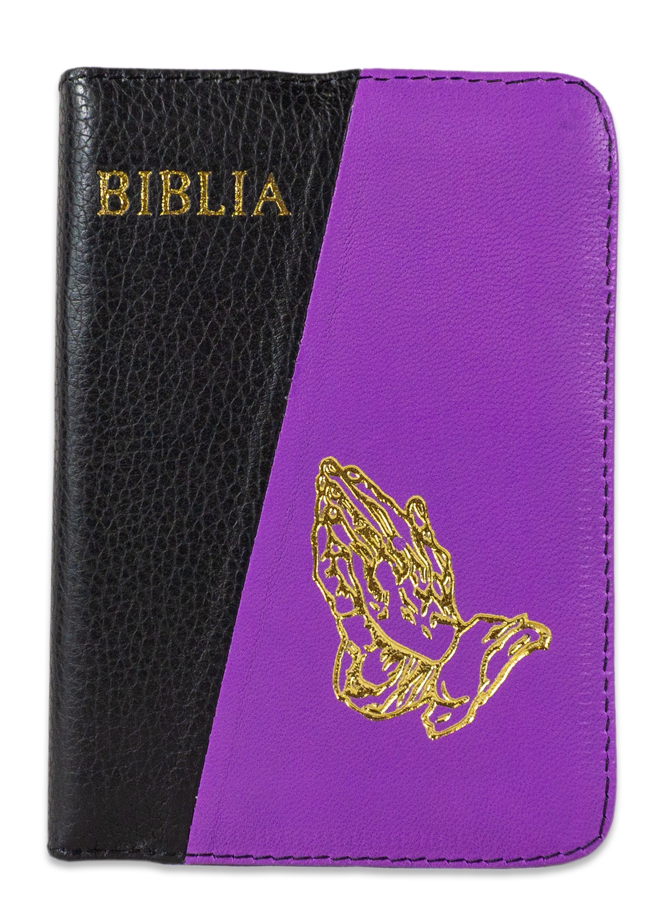 Biblie din piele,marime mica, culoare negru cu mov, fermoar, margini albe, simbolul maini in rugaciune, cuv. lui Isus in rosu [043 PF]