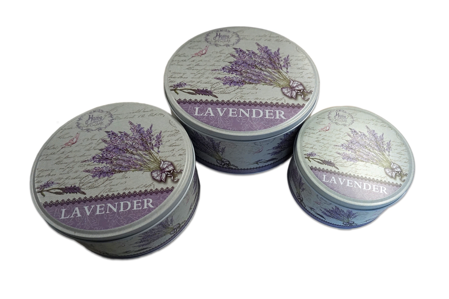 Set 3 cutii din metal - model cu lavanda Set 3 cutii din metal - model cu lavanda