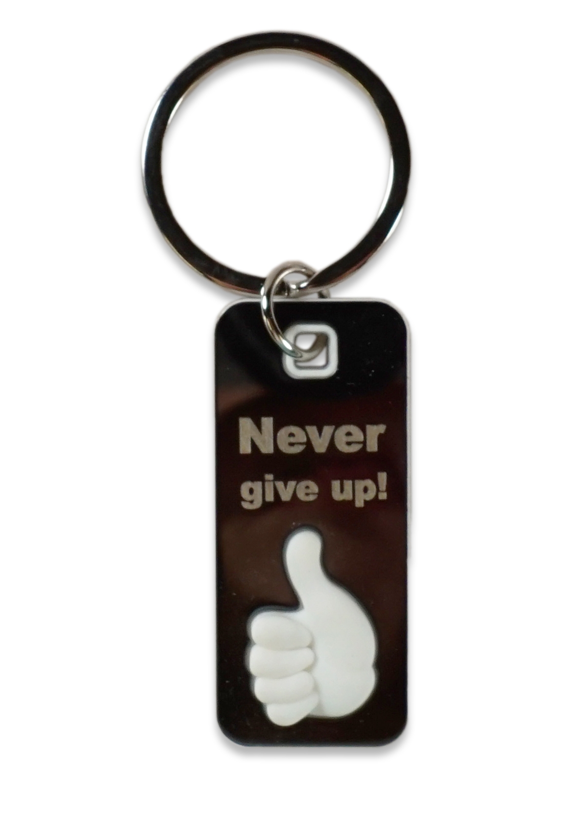Breloc metal deget 3D - "Never give up!" Breloc metal deget 3D - "Never give up!"