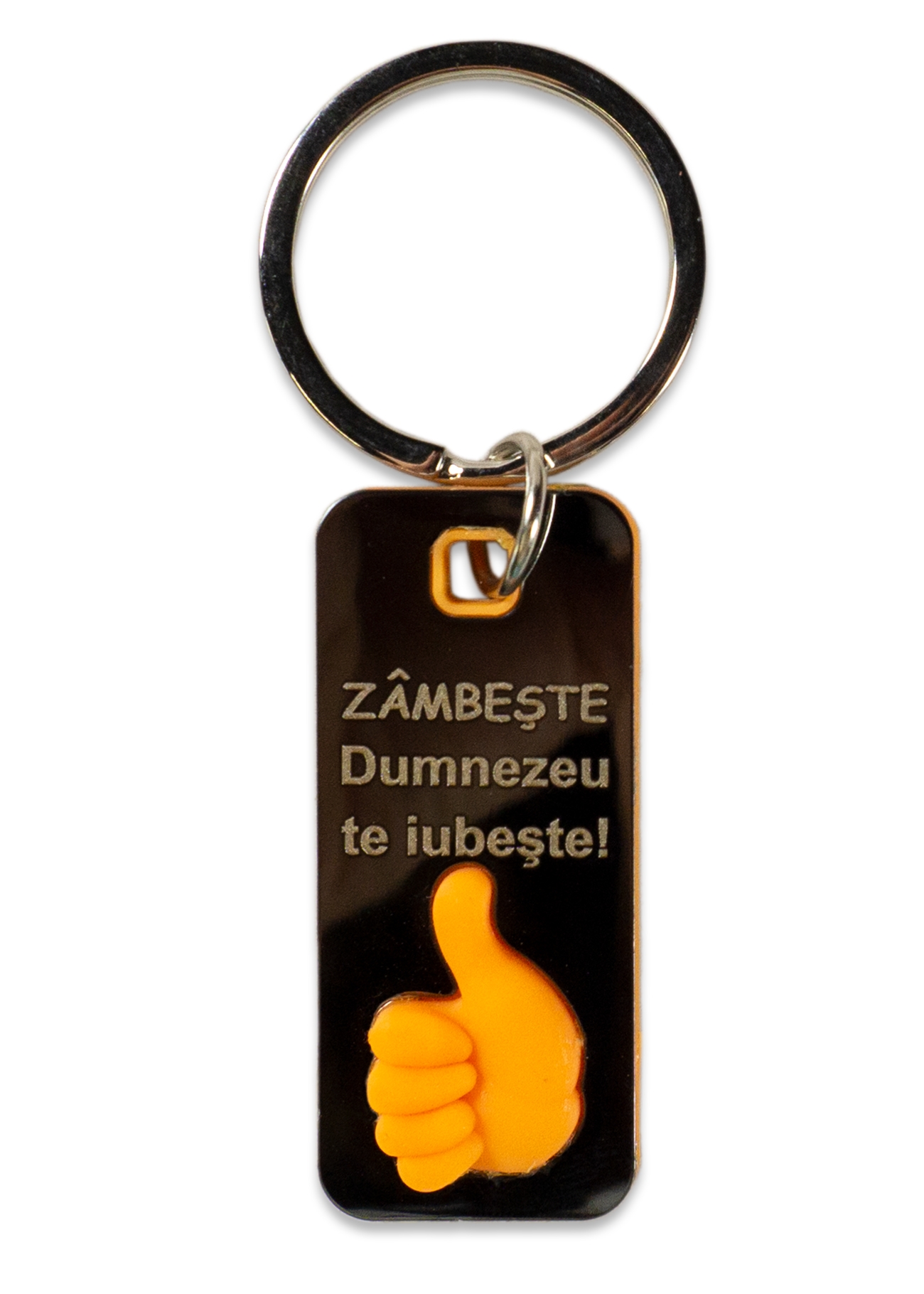 Breloc metal deget 3D - "Zâmbește, Dumnezeu te iubește!" (portocaliu) Breloc metal deget 3D - "Zâmbește, Dumnezeu te iubește!" (portocaliu)