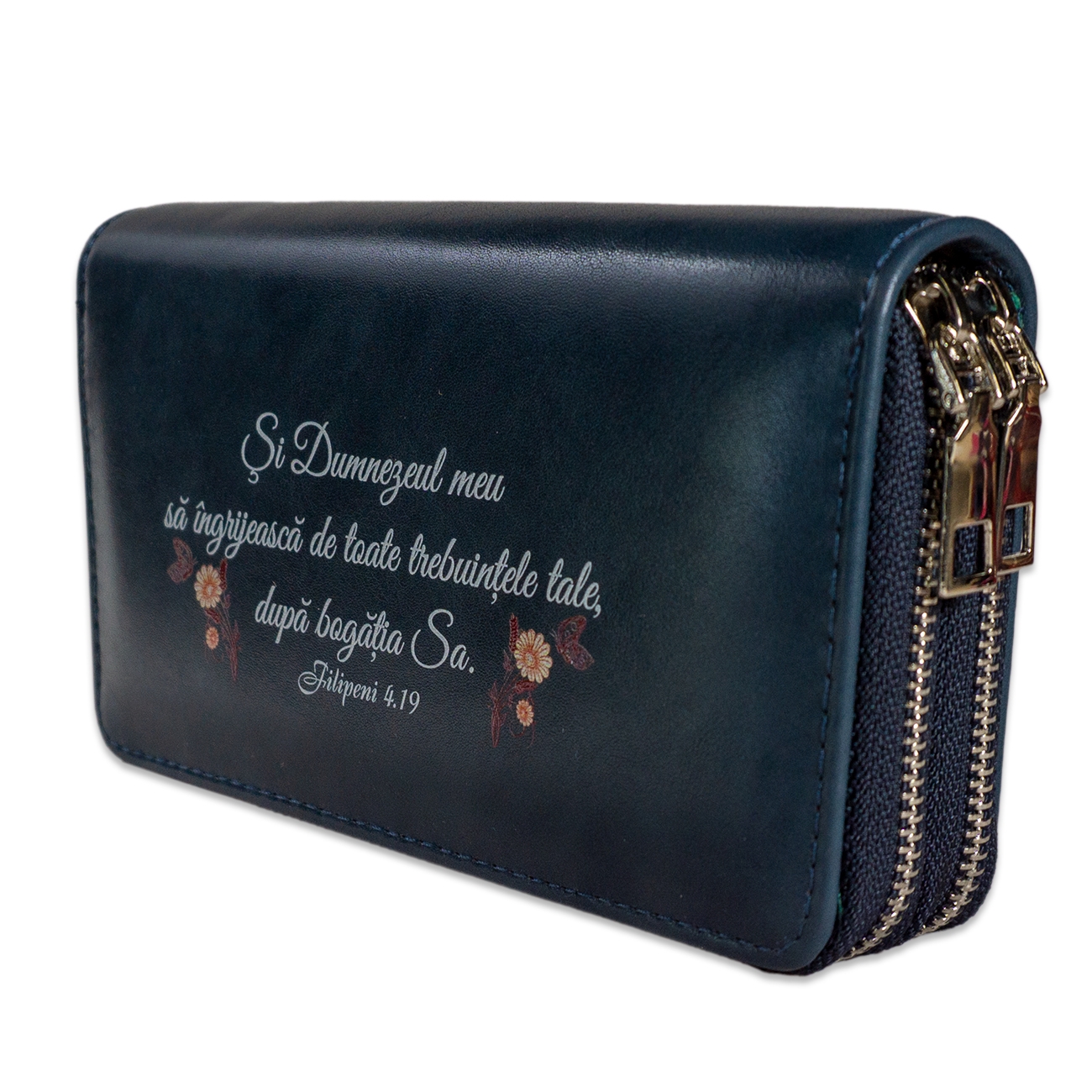 Portofel damă, 2 fermoare, bleumarin, cu imprimeu "Dumnezeul meu sa îngrijească..." Portofel damă, 2 fermoare, bleumarin, cu imprimeu "Dumnezeul meu sa îngrijească..."