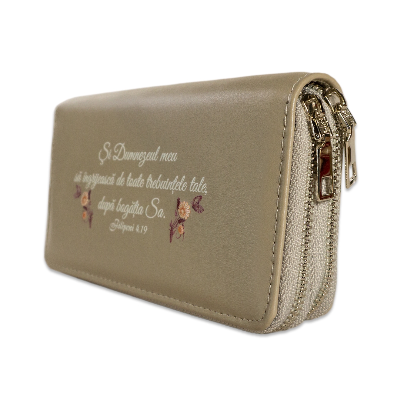Portofel damă, 2 fermoare, gri, cu imprimeu "Dumnezeul meu sa îngrijească..." Portofel damă, 2 fermoare, gri, cu imprimeu "Dumnezeul meu sa îngrijească..."