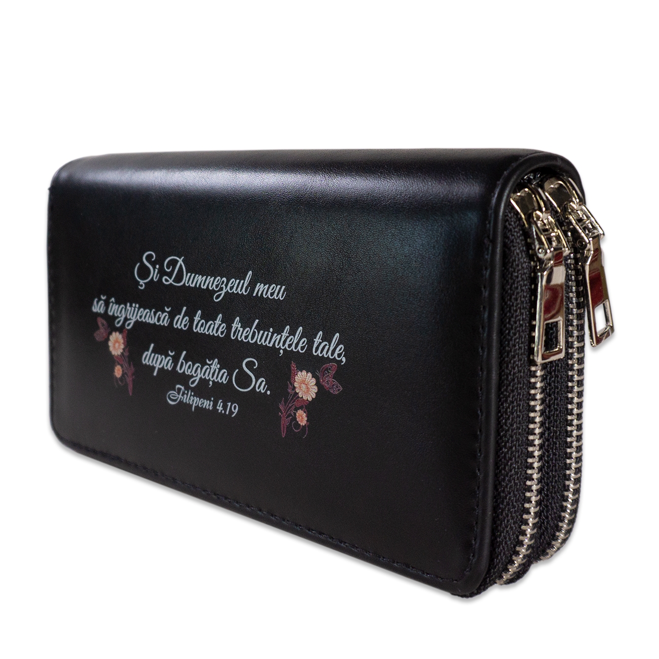 Portofel damă, 2 fermoare, negru, "Dumnezeul meu sa îngrijească..." Portofel damă, 2 fermoare, negru, "Dumnezeul meu sa îngrijească..."
