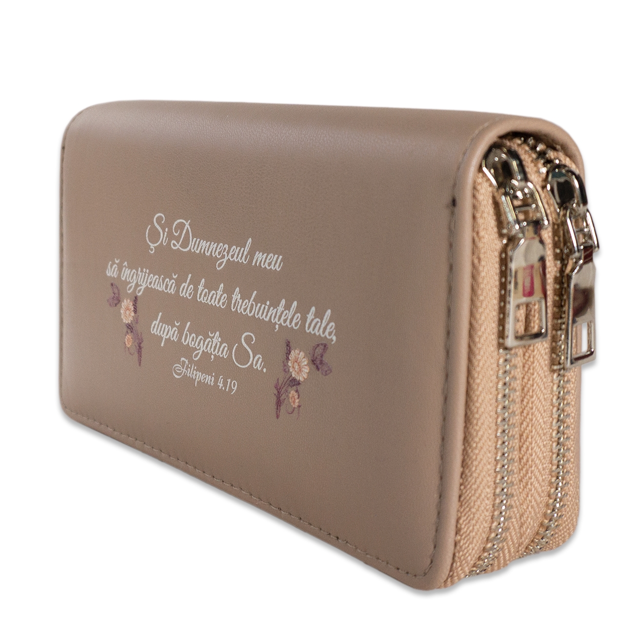 Portofel damă, 2 fermoare, bej, cu imprimeu "Dumnezeul meu sa îngrijească..." Portofel damă, 2 fermoare, bej, cu imprimeu "Dumnezeul meu sa îngrijească..."