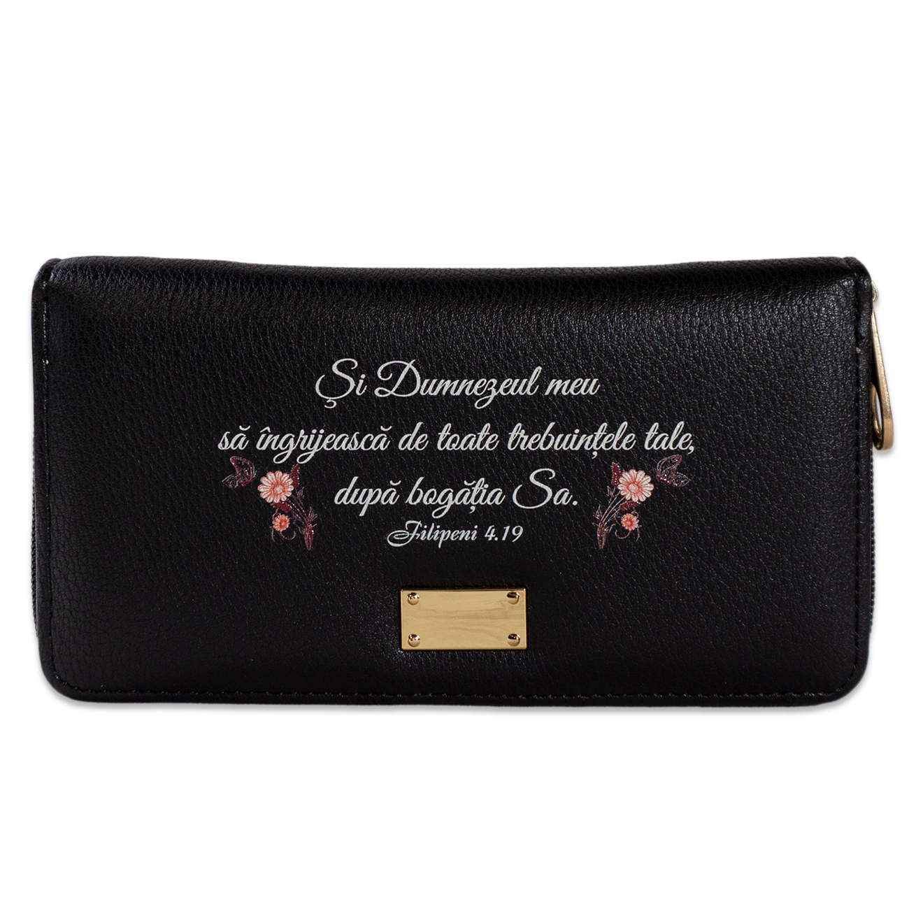 Portofel damă, negru, cu imprimeu "Dumnezeu meu sa îngrijească..."