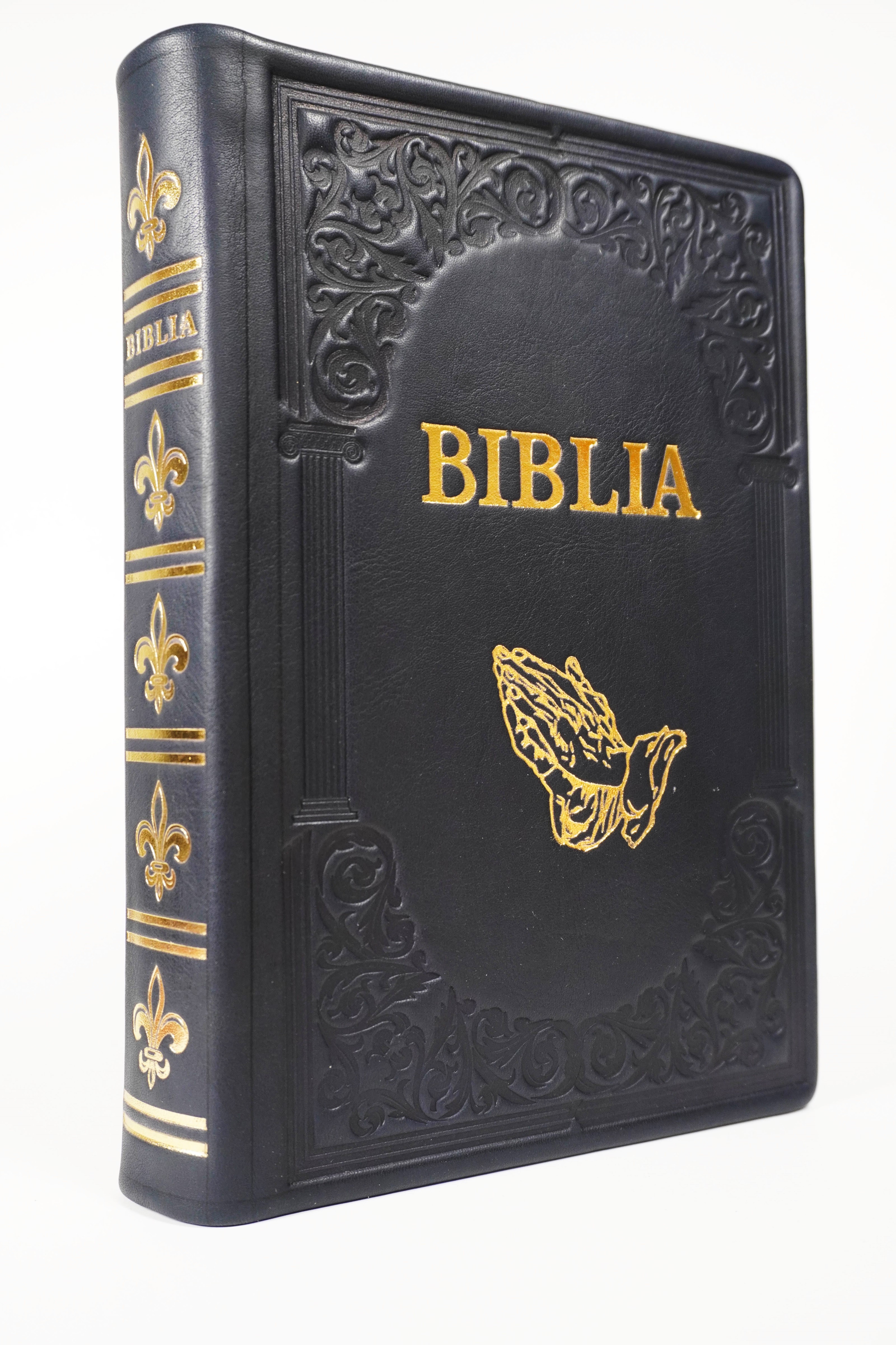Biblie mare, piele, handmade,  neagră, simbol mâini în rugăciune, index, margini aurii,  cuv. Isus cu rosu [SI 076 HM]