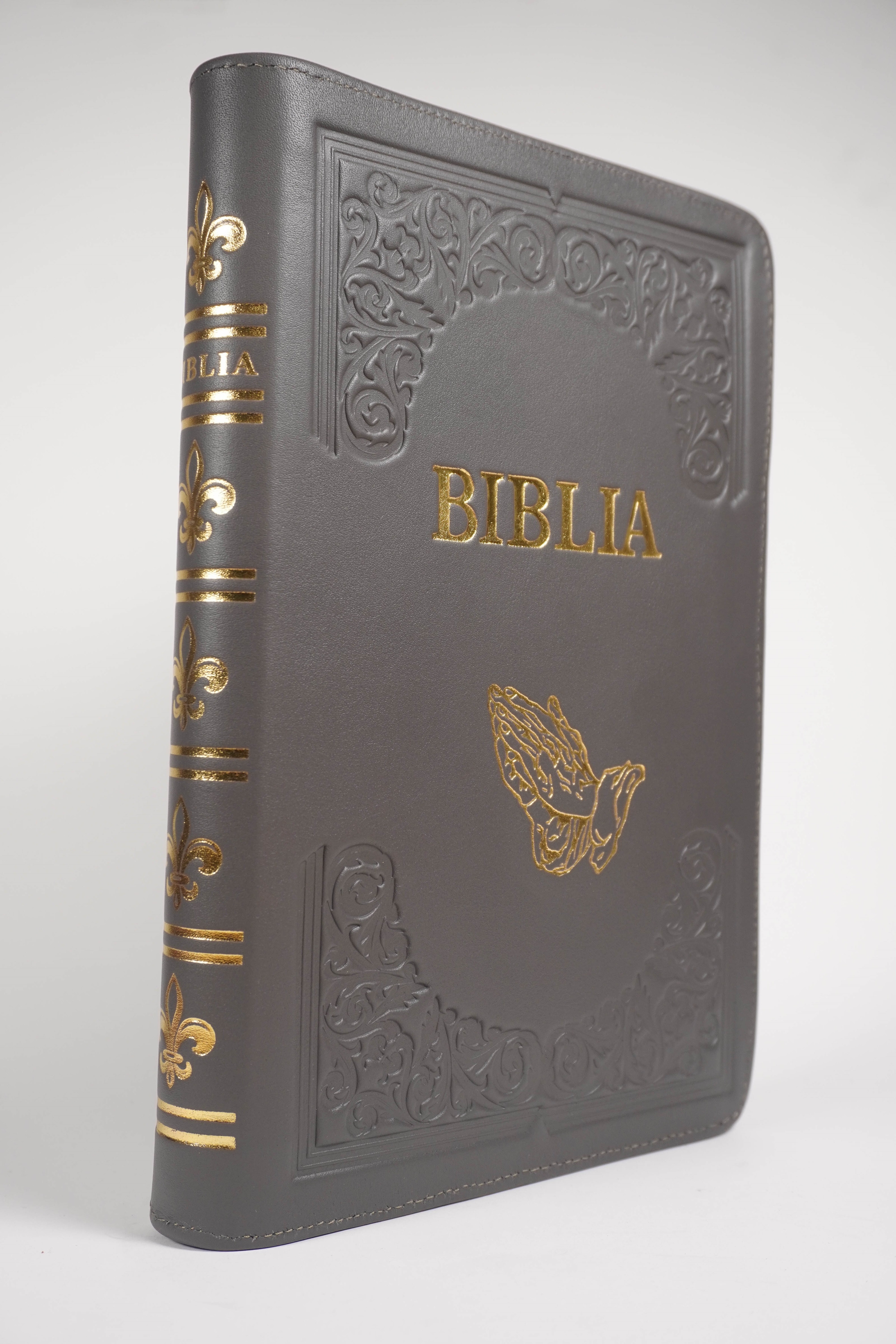 Biblie mare, piele, handmade, gri, index, margini aurii,  cuv. Isus cu rosu [SI 076 HM]