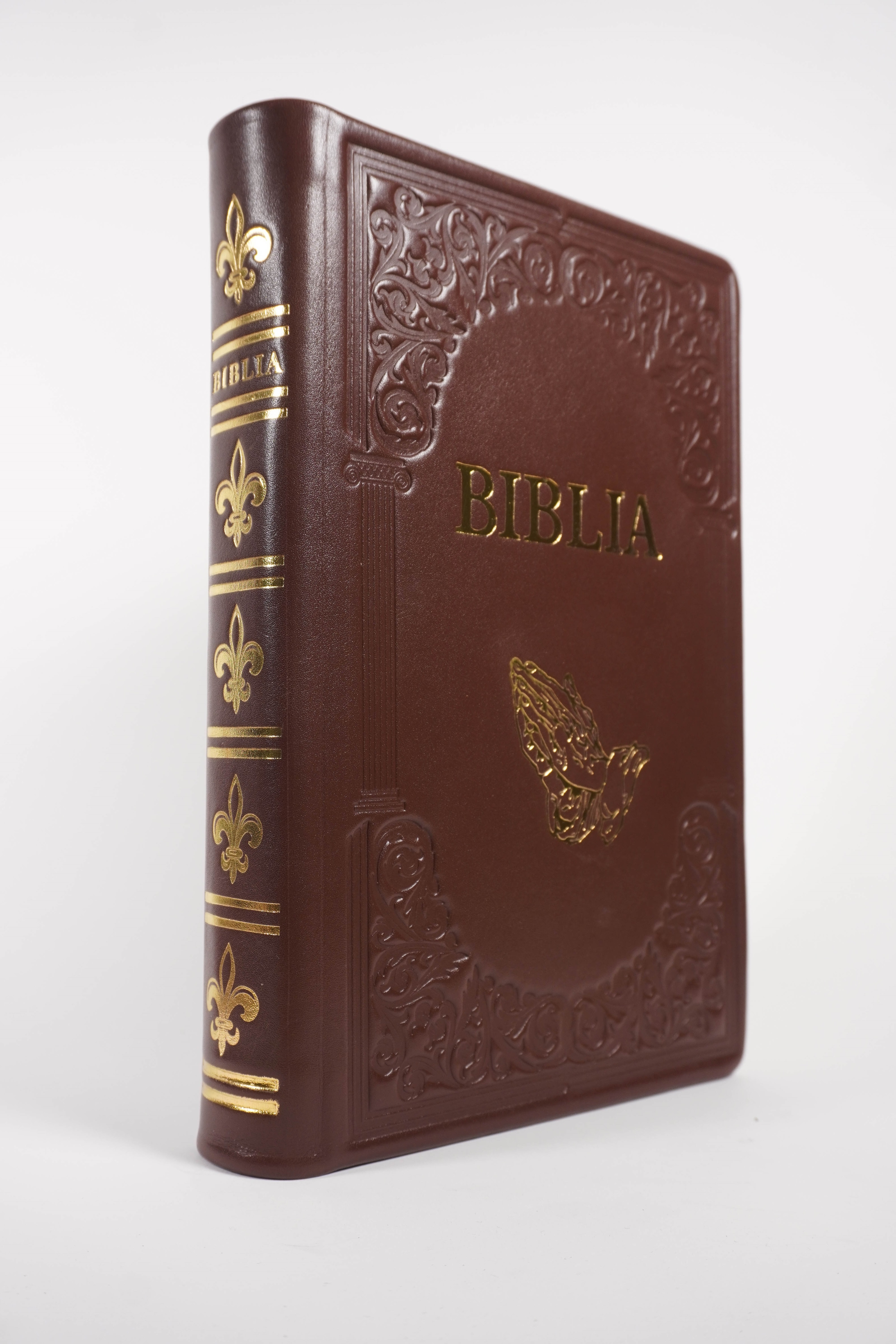 Biblie mare, piele, handmade, maro inchis, simbol mâini în rugăciune, index, margini aurii,  cuv. Isus cu rosu [SI 076 HM]