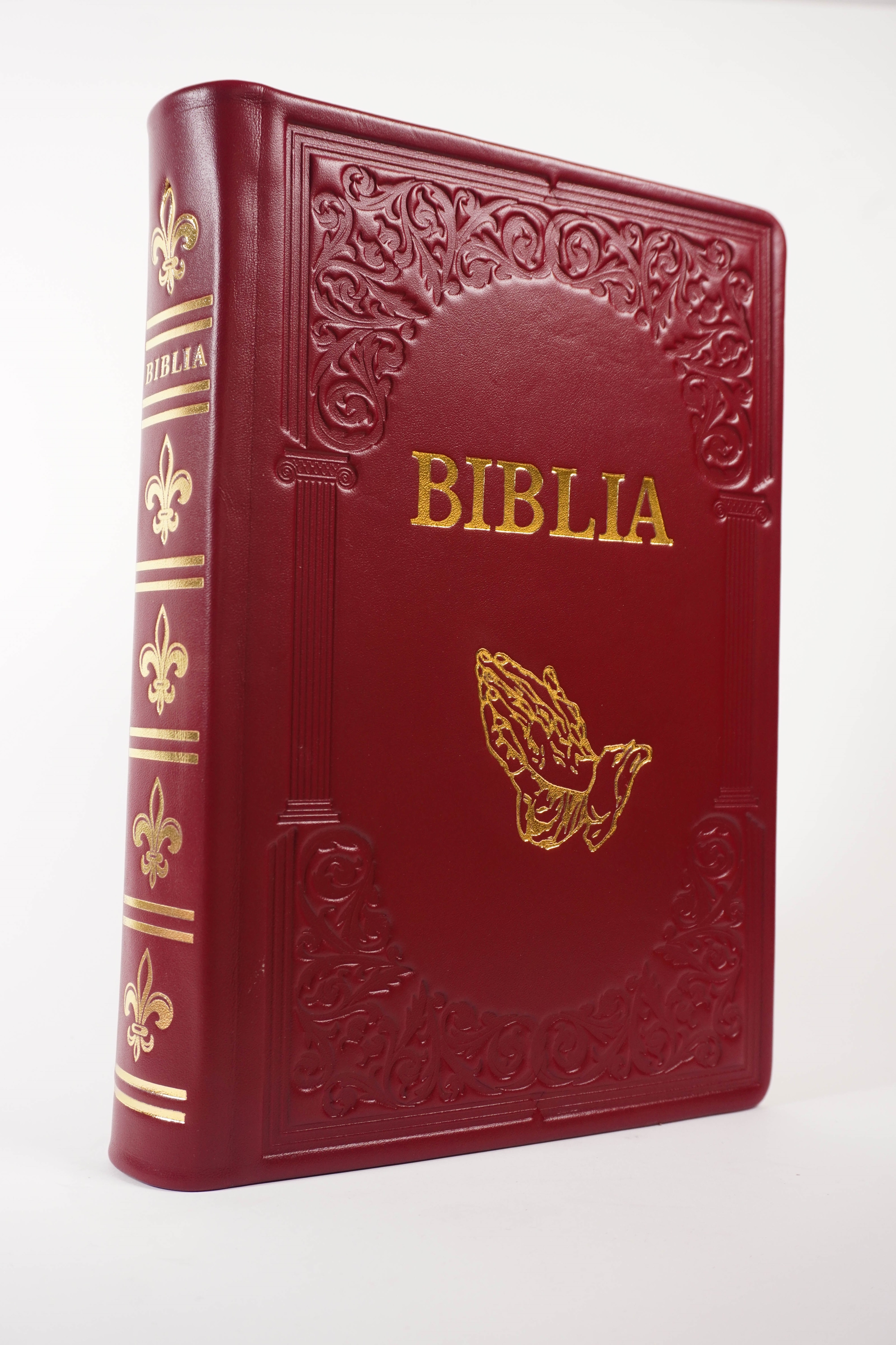 Biblie mare, piele, handmade, vișiniu, simbol mâini în rugăciune, index, margini aurii,  cuv. Isus cu rosu [SI 076 HM]