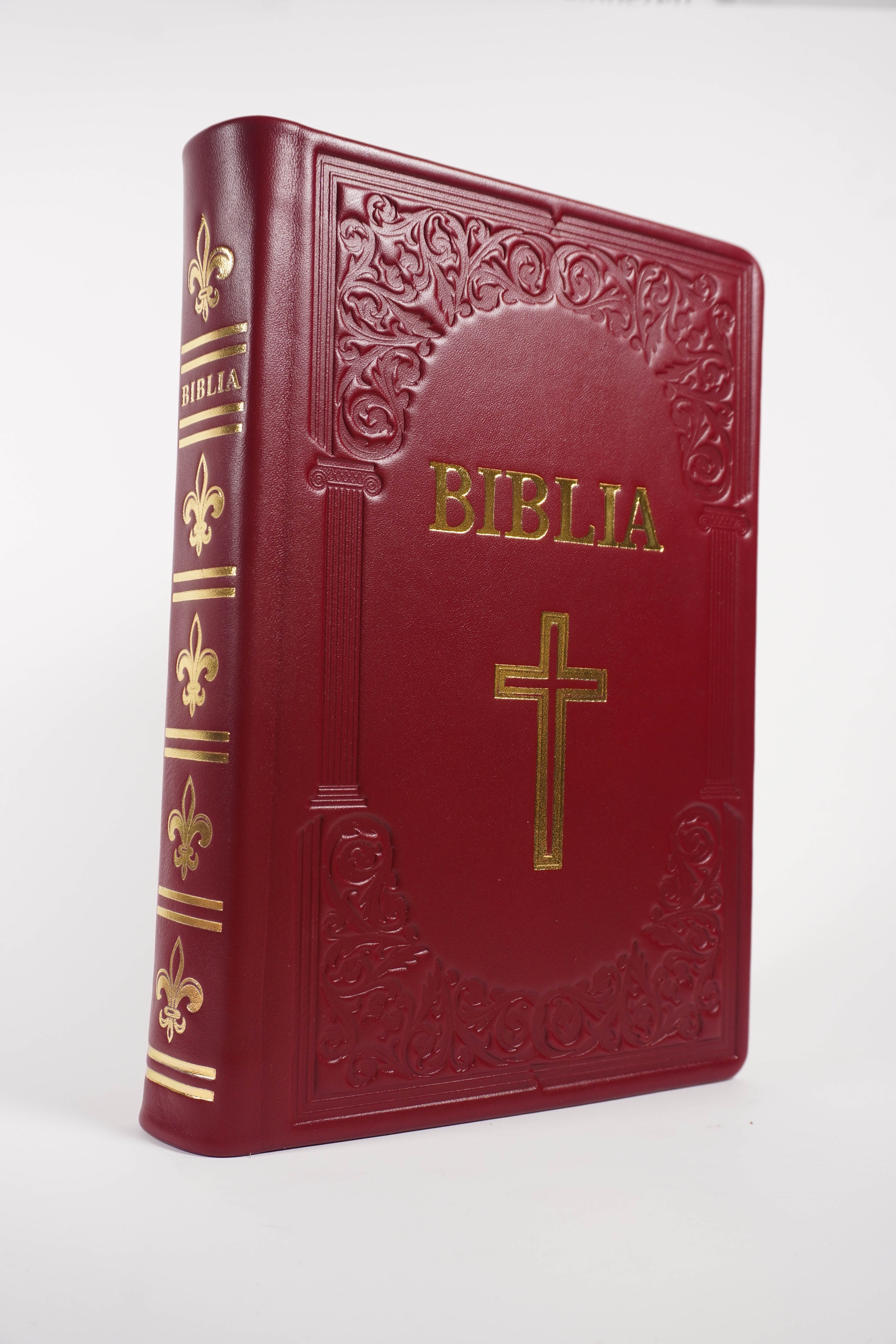 Biblie mare, piele, handmade, vișiniu, simbol cruce,  index, margini aurii,  cuv. Isus cu rosu [SI 076 HM]