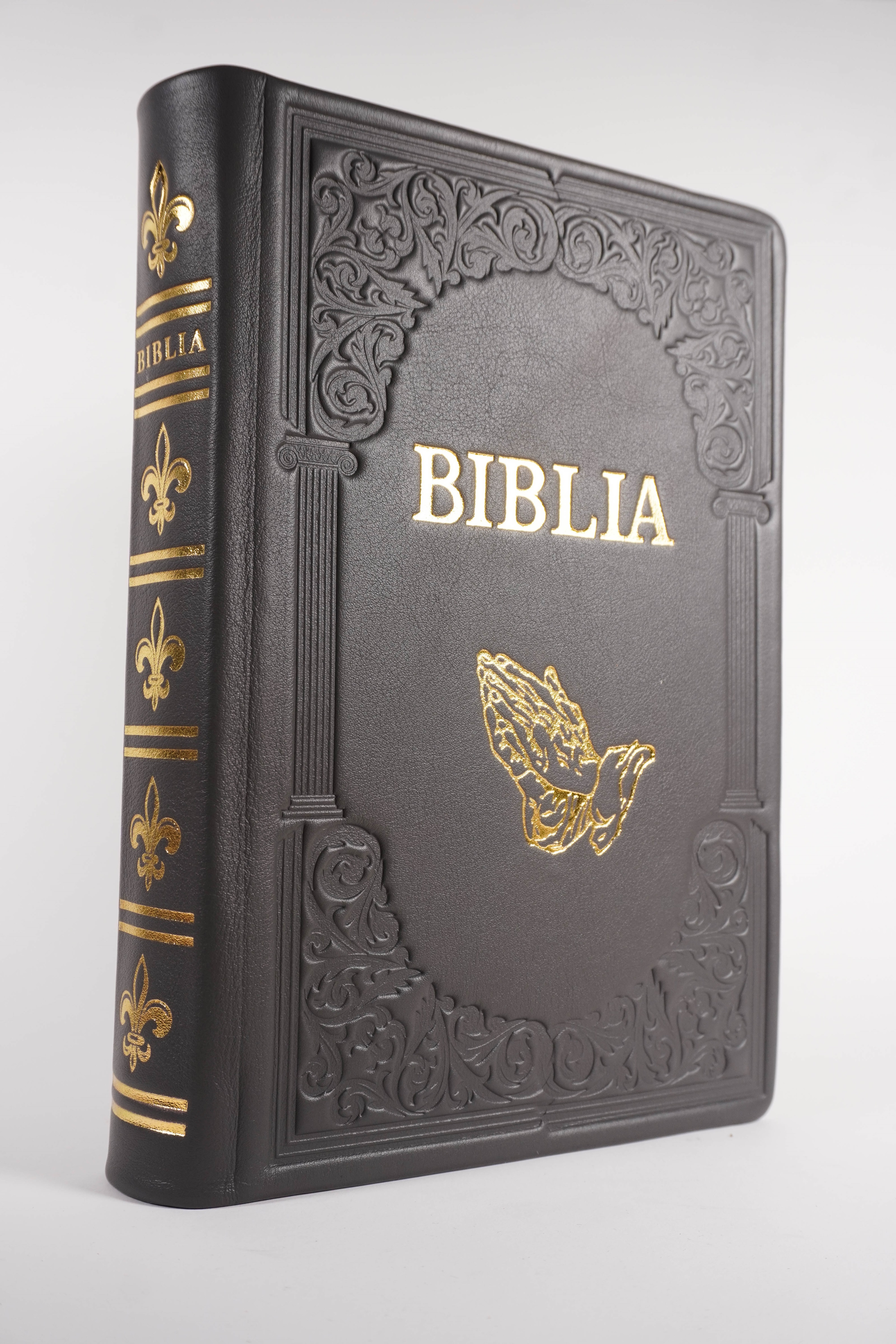 Biblie mare, piele, handmade, gri închis, simbol mâini în rugăciune, index, margini aurii,  cuv. Isus cu rosu [SI 076 HM]