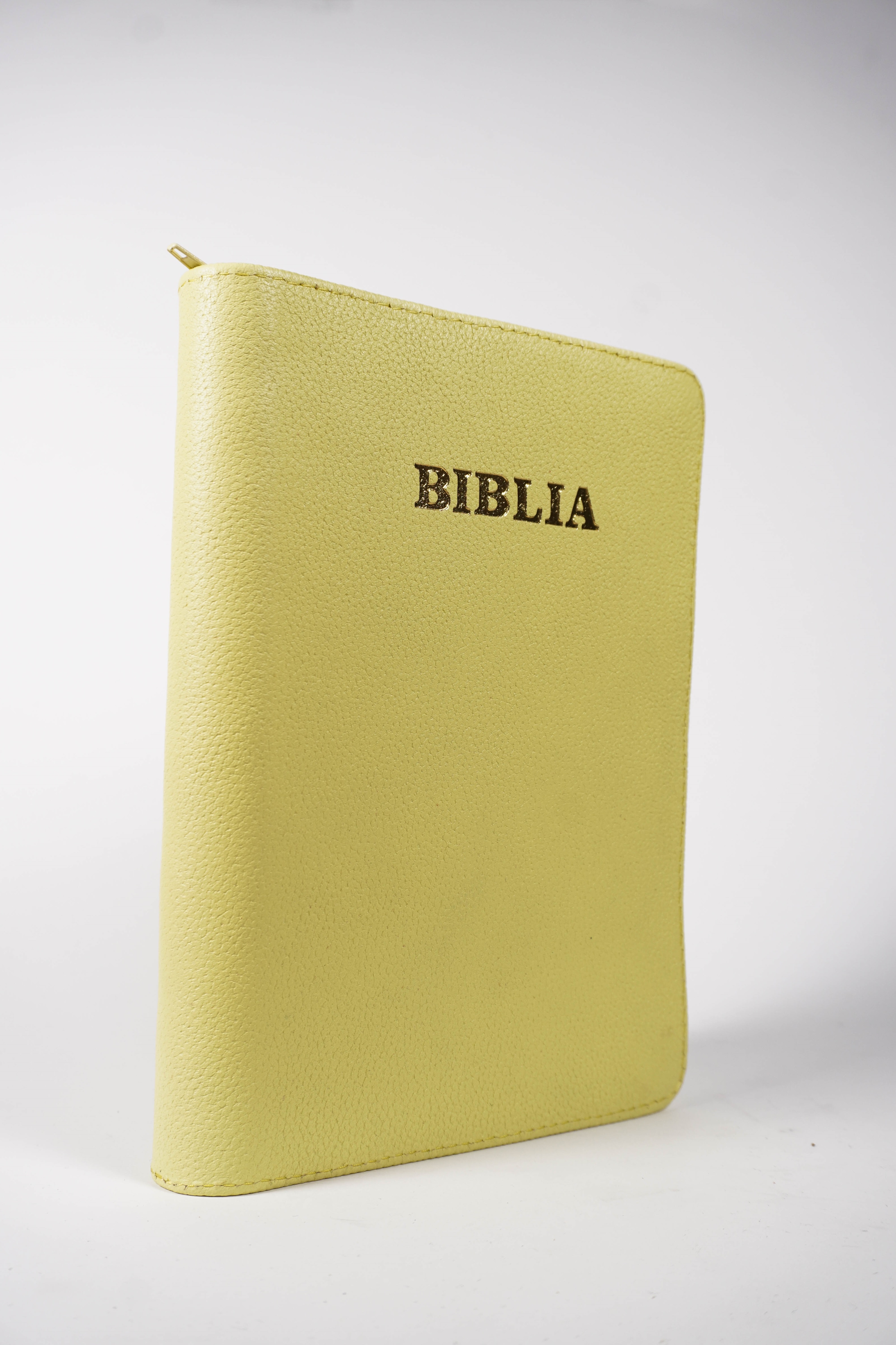 Biblie din piele, marime medie, culoare, galben, fermoar, margini albe,  cuv. lui Isus cu rosu [053]