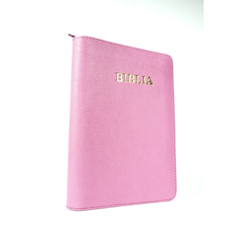 Biblie din piele, marime medie, culoare, roz deschis, fermoar, index, margini aurii, cuv. lui Isus cu rosu [SB 057 PFI]