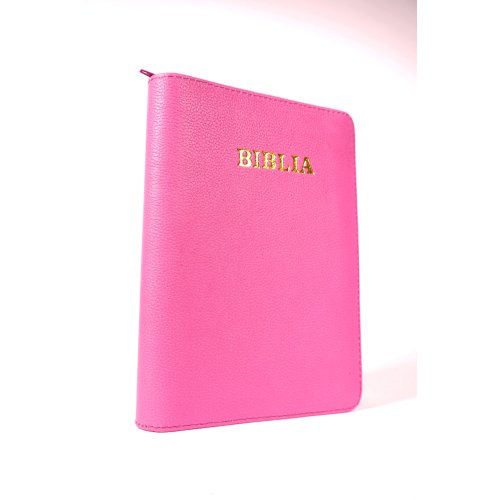 Biblie din piele, marime medie, culoare, roz, fermoar, index, margini aurii, cuv. lui Isus cu rosu [SB 057 PFI]