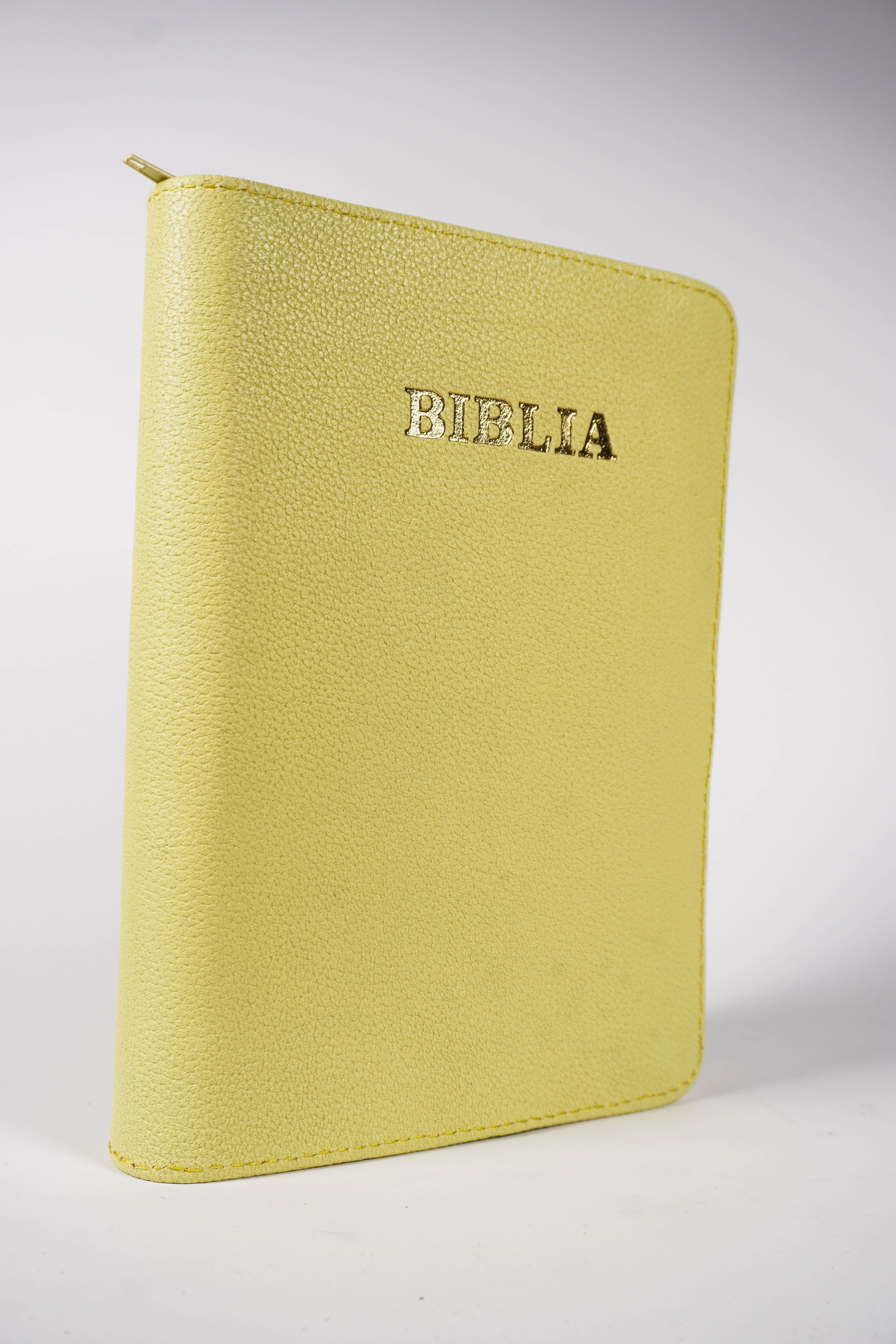 Biblie din piele, marime medie, culoare, galben, fermoar, index, margini aurii, cuv. lui Isus cu rosu [SB 057 PFI]