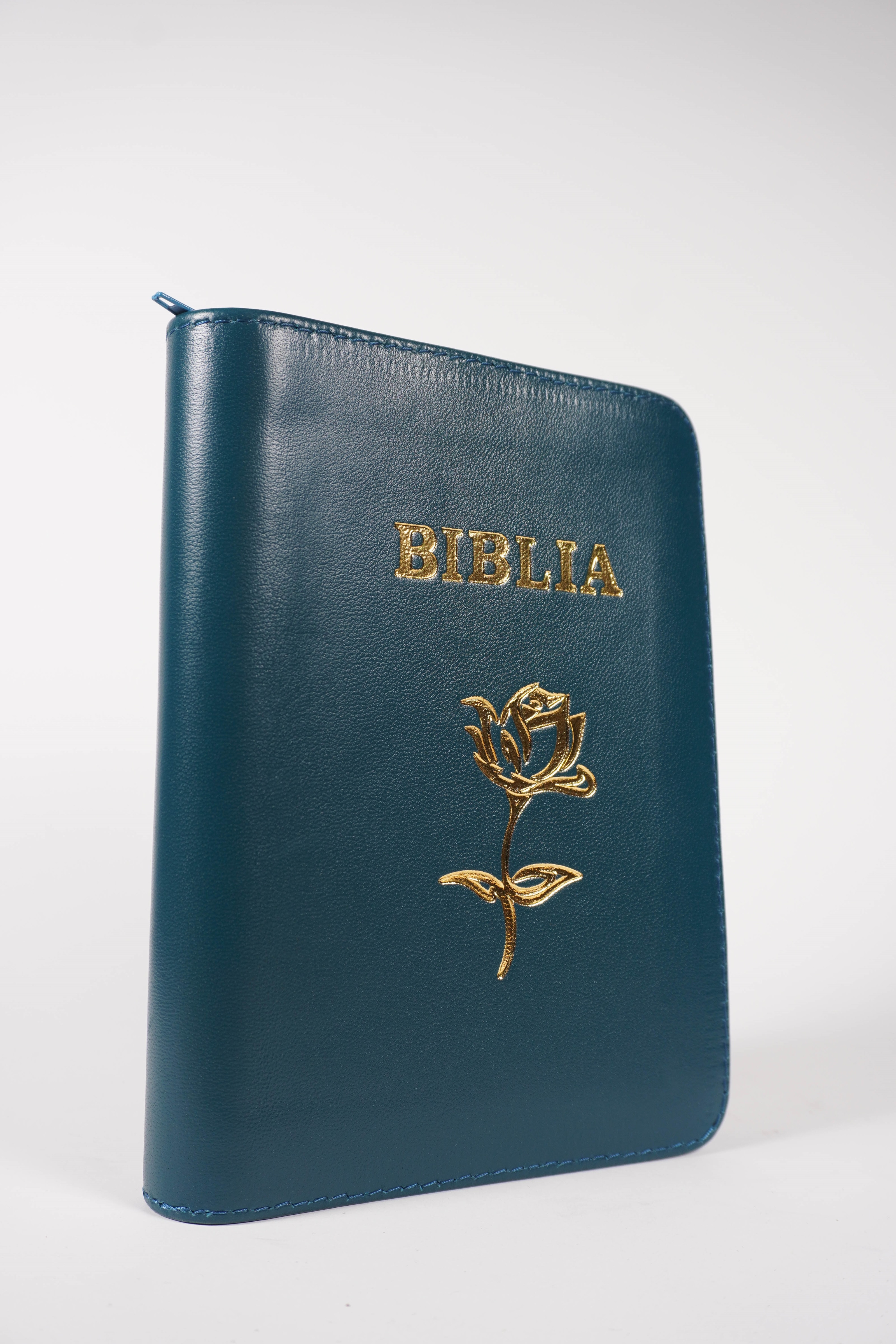 Biblia mica, coperta piele, turcoaz, index, fermoar, margini aurii, simbol floral, cuv. lui Isus in rosu [047 PFI]