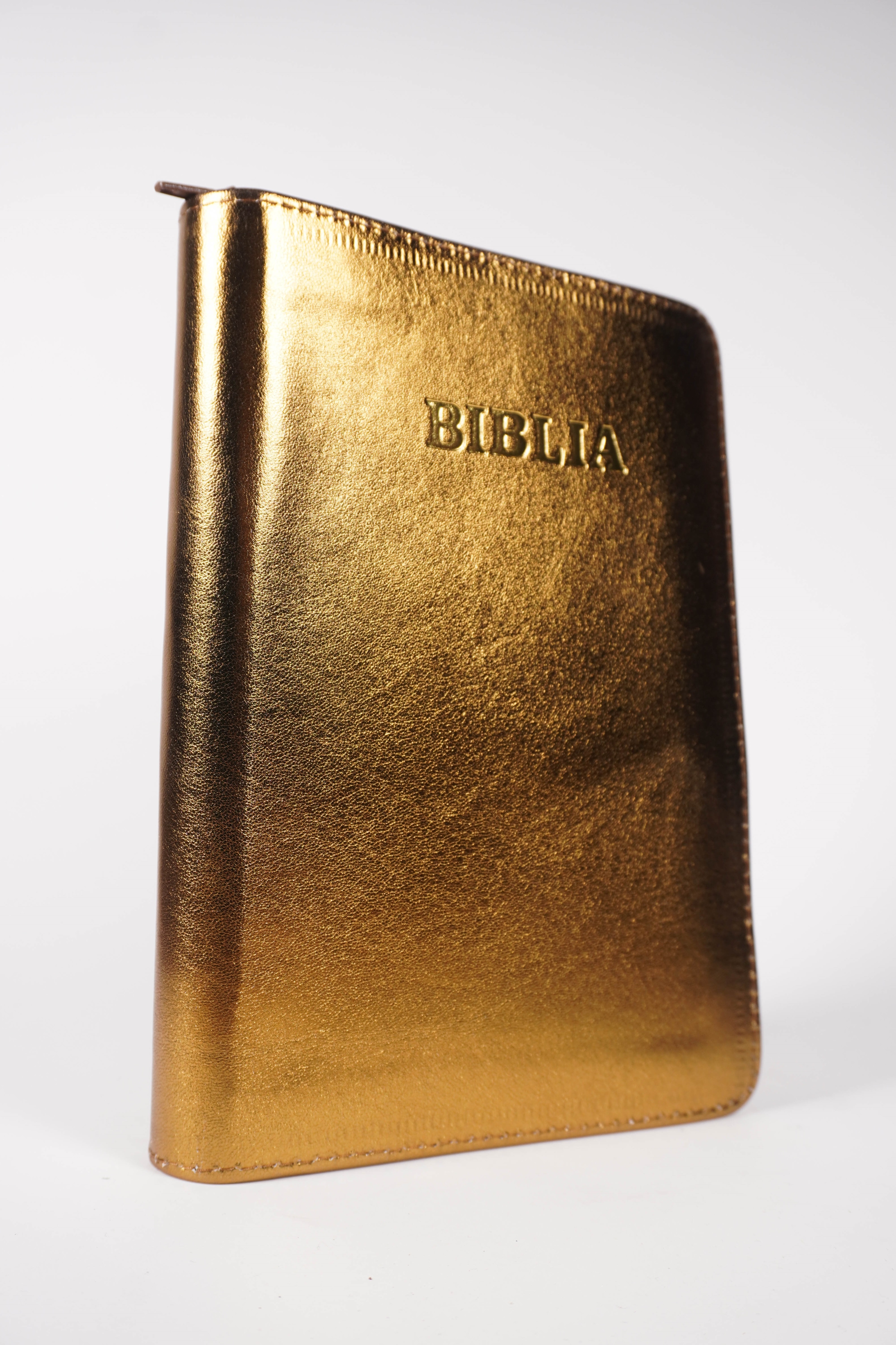 Biblie din piele, marime medie, culoare, auriu, fermoar, index, margini aurii, cuv. lui Isus cu rosu [SB 057 PFI]