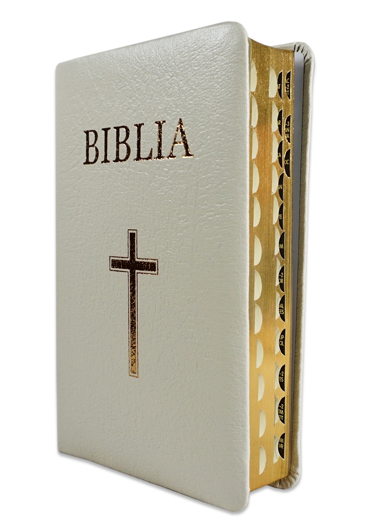 Biblie din piele alba, medie, cu index pe lateral, margini aurii, cu cruce [053 PI]