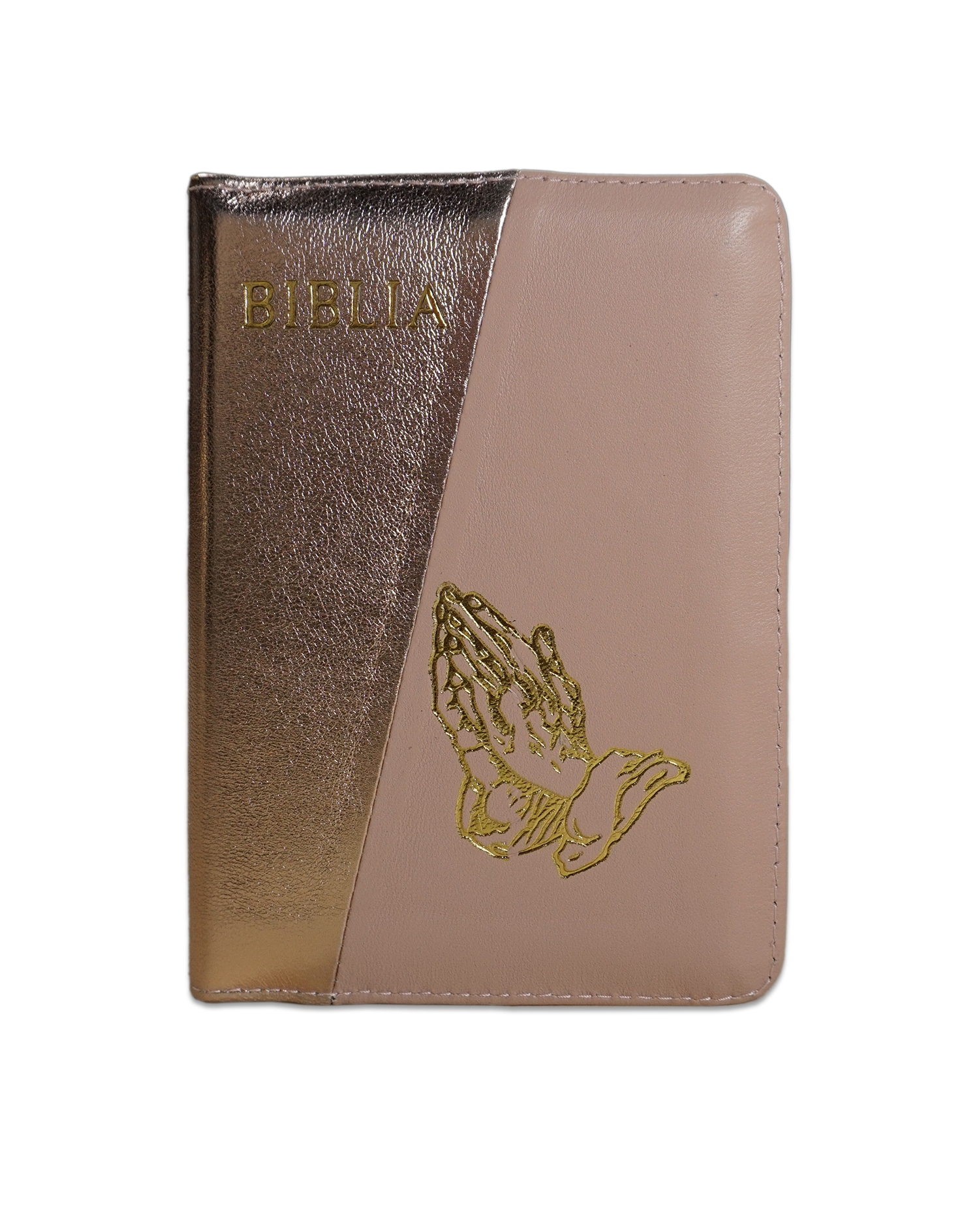 Biblie din piele,marime mica, culoare auriu sidefat cu roz pudra, fermoar, margini albe, simbolul maini in rugaciune, cuv. lui Isus in rosu [043 PF]