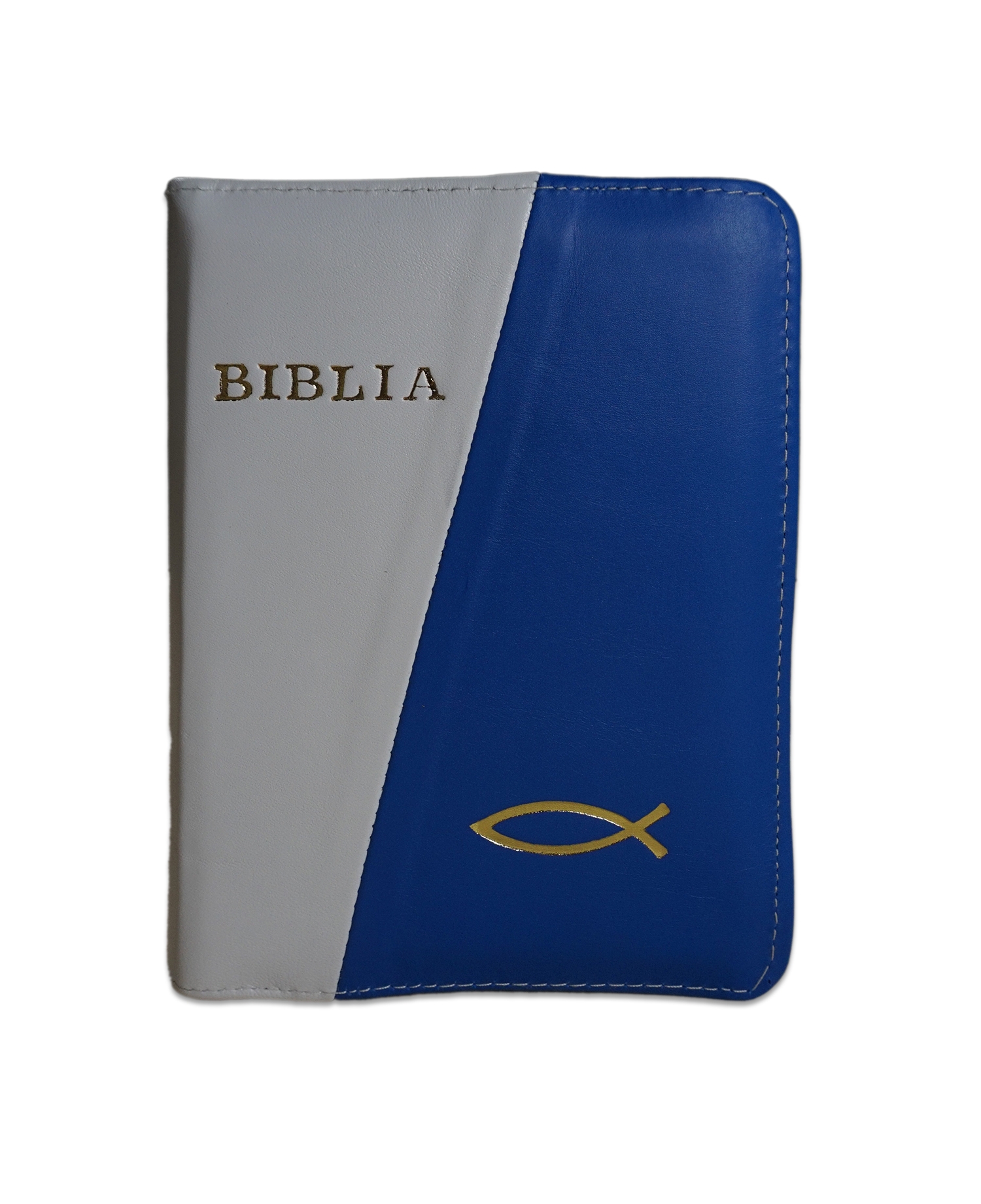 Biblie din piele,  marime mica, culoare alb cu albastru, fermoar, margini albe,simbol peste, cuv. lui Isus in rosu [043 PF]