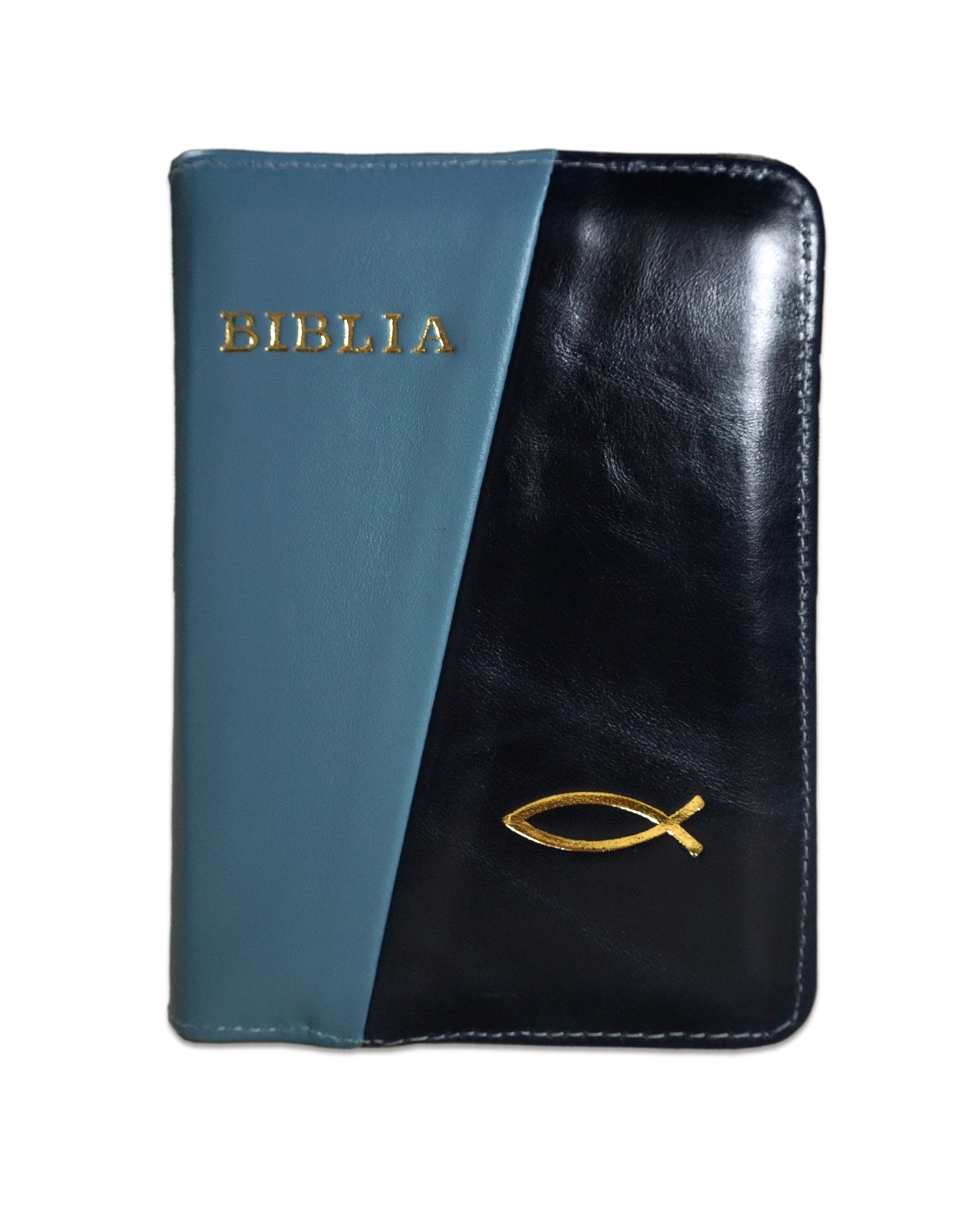 Biblie din piele,  marime mica, culoare gri albastrui cu albastru inchis, fermoar, margini albe,simbol peste, cuv. lui Isus in rosu [043 PF]