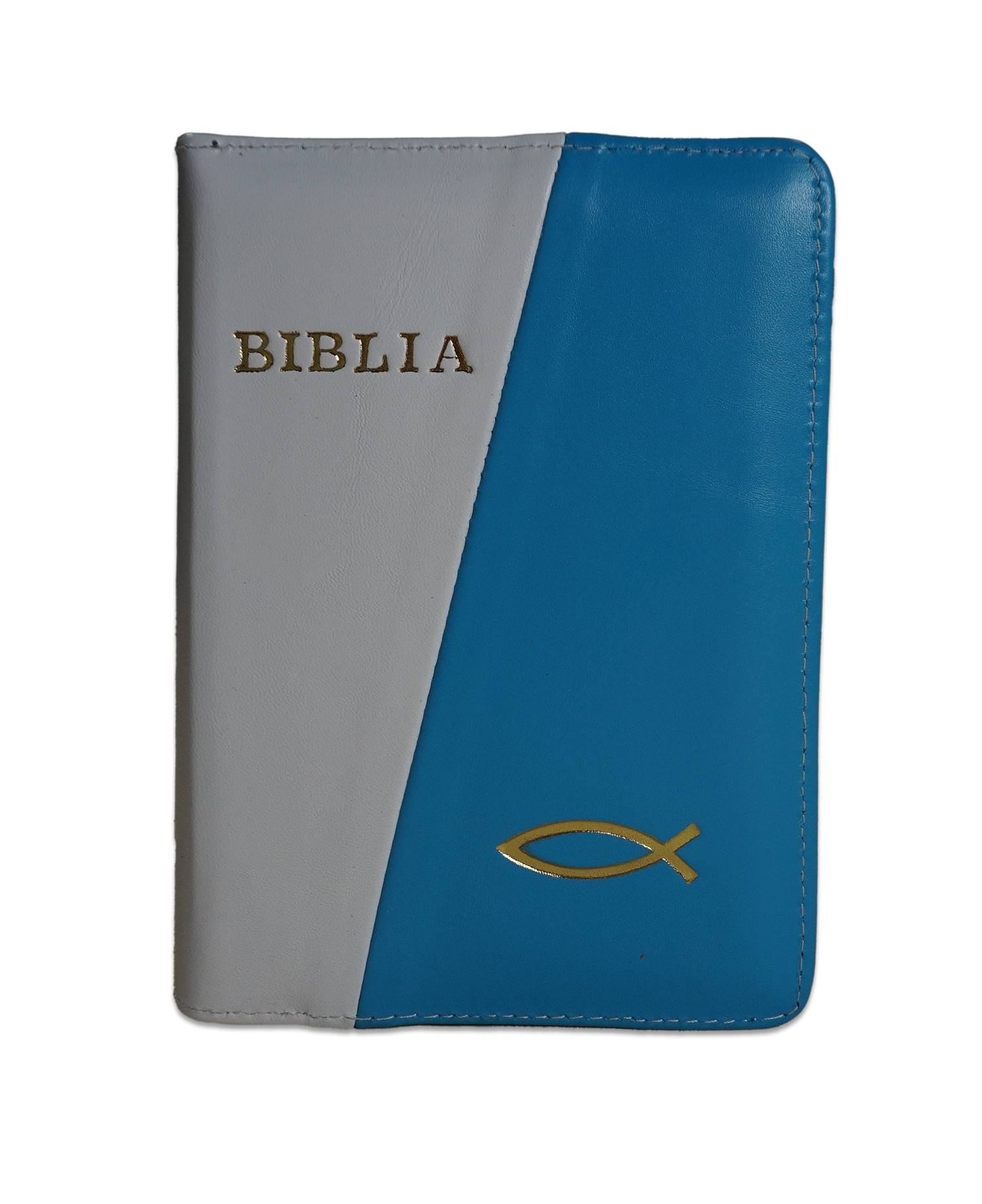 Biblie din piele,  marime mica, culoare alb cu albastru deschis, fermoar, margini albe,simbol peste, cuv. lui Isus in rosu [043 PF]