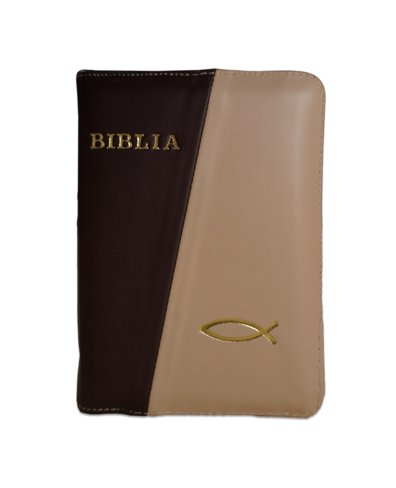 Biblie din piele,  marime mica, culoare visiniu inchis cu crem, fermoar, margini albe,simbol peste, cuv. lui Isus in rosu [043 PF]
