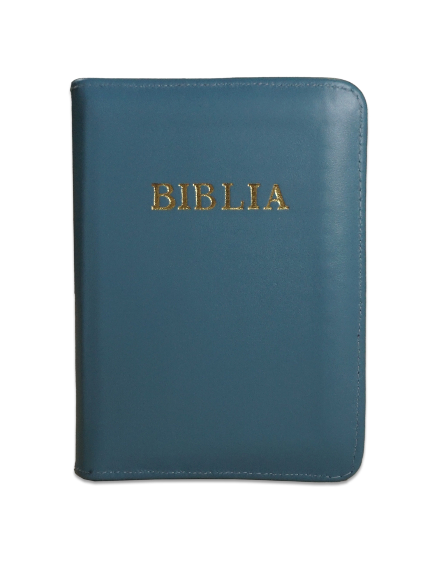 [ANTICARIAT] - Biblie din piele,marime medie, culoare gri albastrui, fermoar, margini aurii, cuv. lui Isus in rosu [057PFI](Produs cu defect)