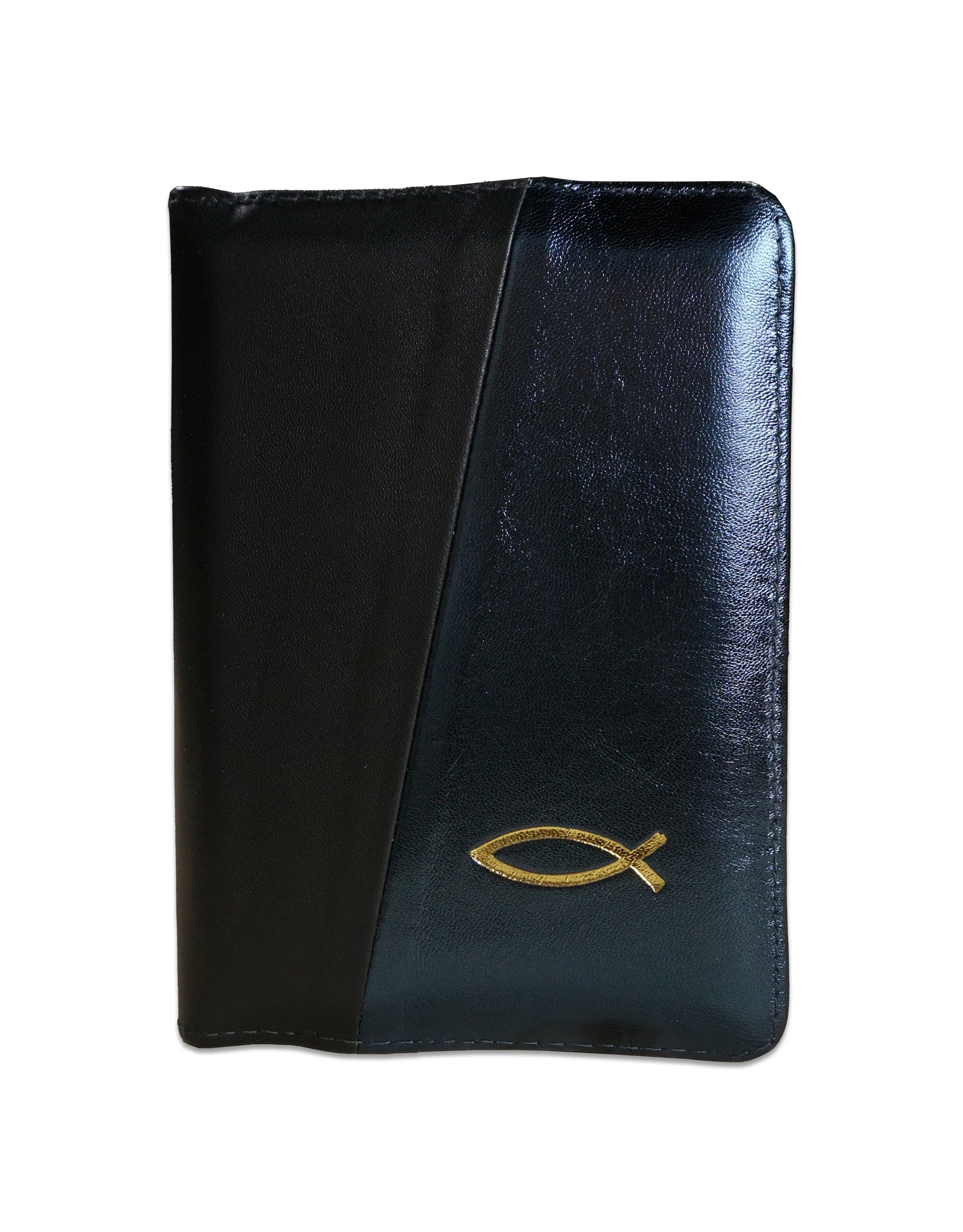 Biblie din piele,  marime mica, culoare negru cu albastru inchis sidefat, fermoar, margini albe,simbol peste, cuv. lui Isus in rosu [043 PF]