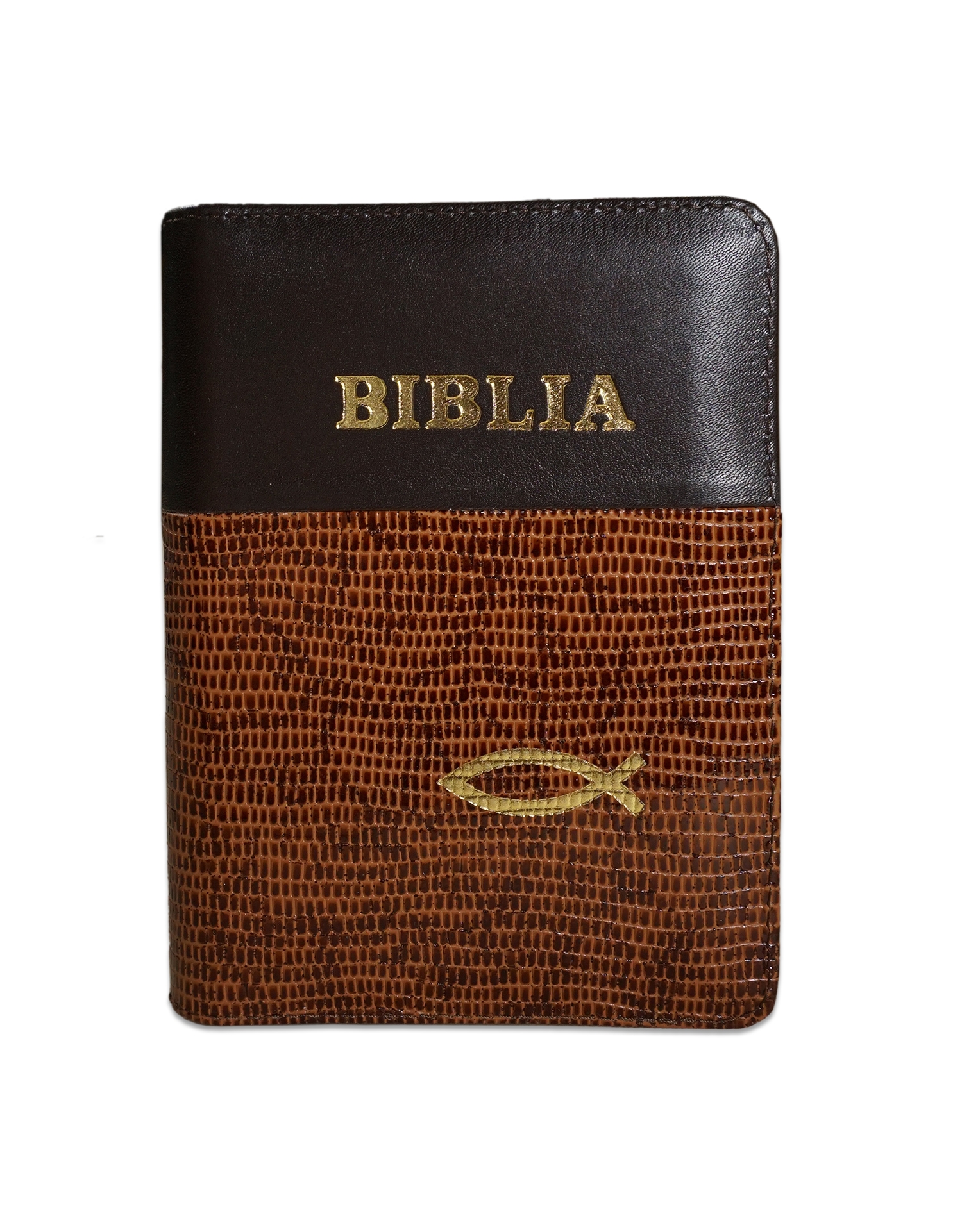 Biblie din piele,  marime mica, culoare brun cu maro texturat, fermoar, margini albe,simbol peste, cuv. lui Isus in rosu [043 PF]
