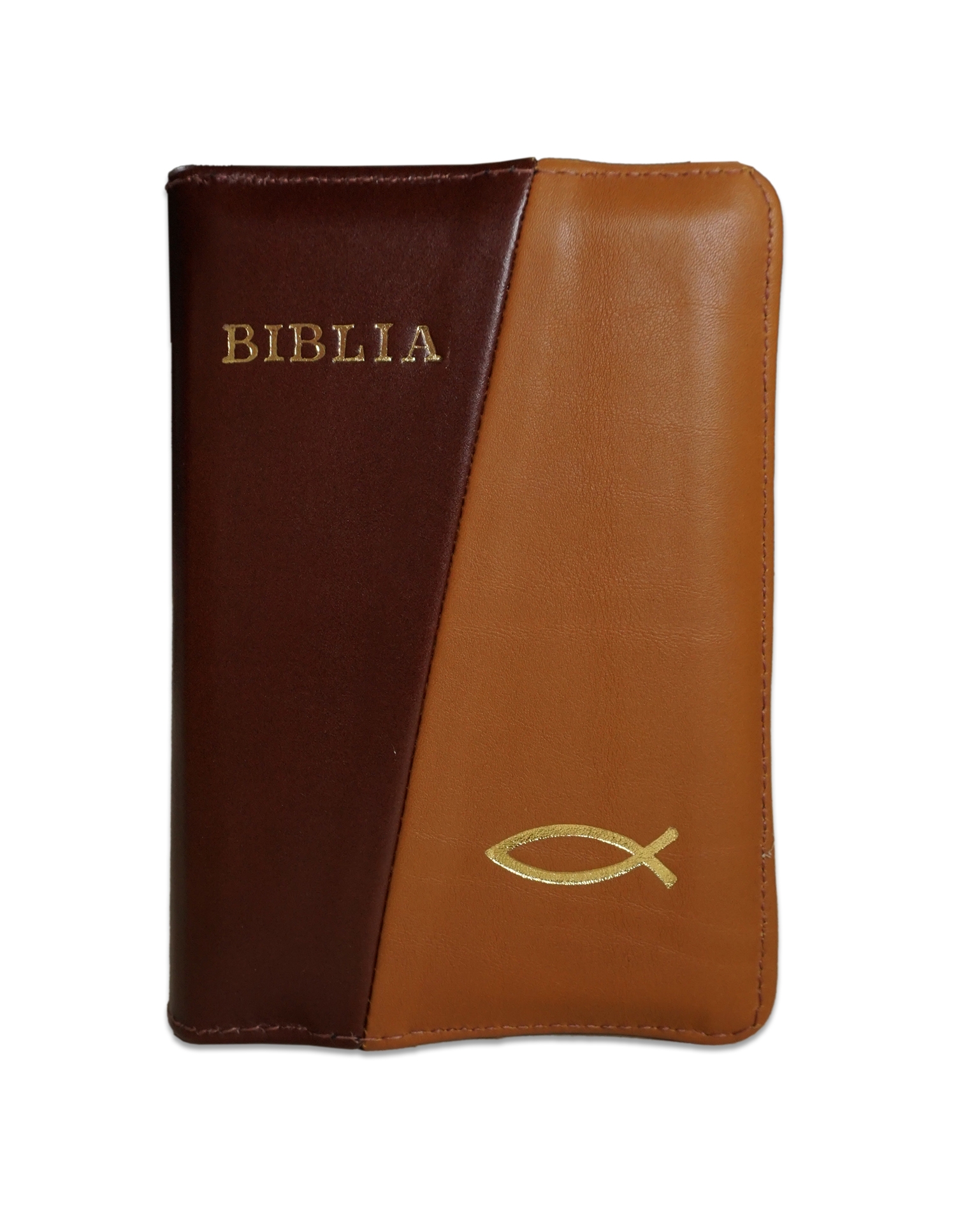 Biblie din piele,  marime mica, culoare maro roscat cu maro deschis, fermoar, margini albe,simbol peste, cuv. lui Isus in rosu [043 PF]