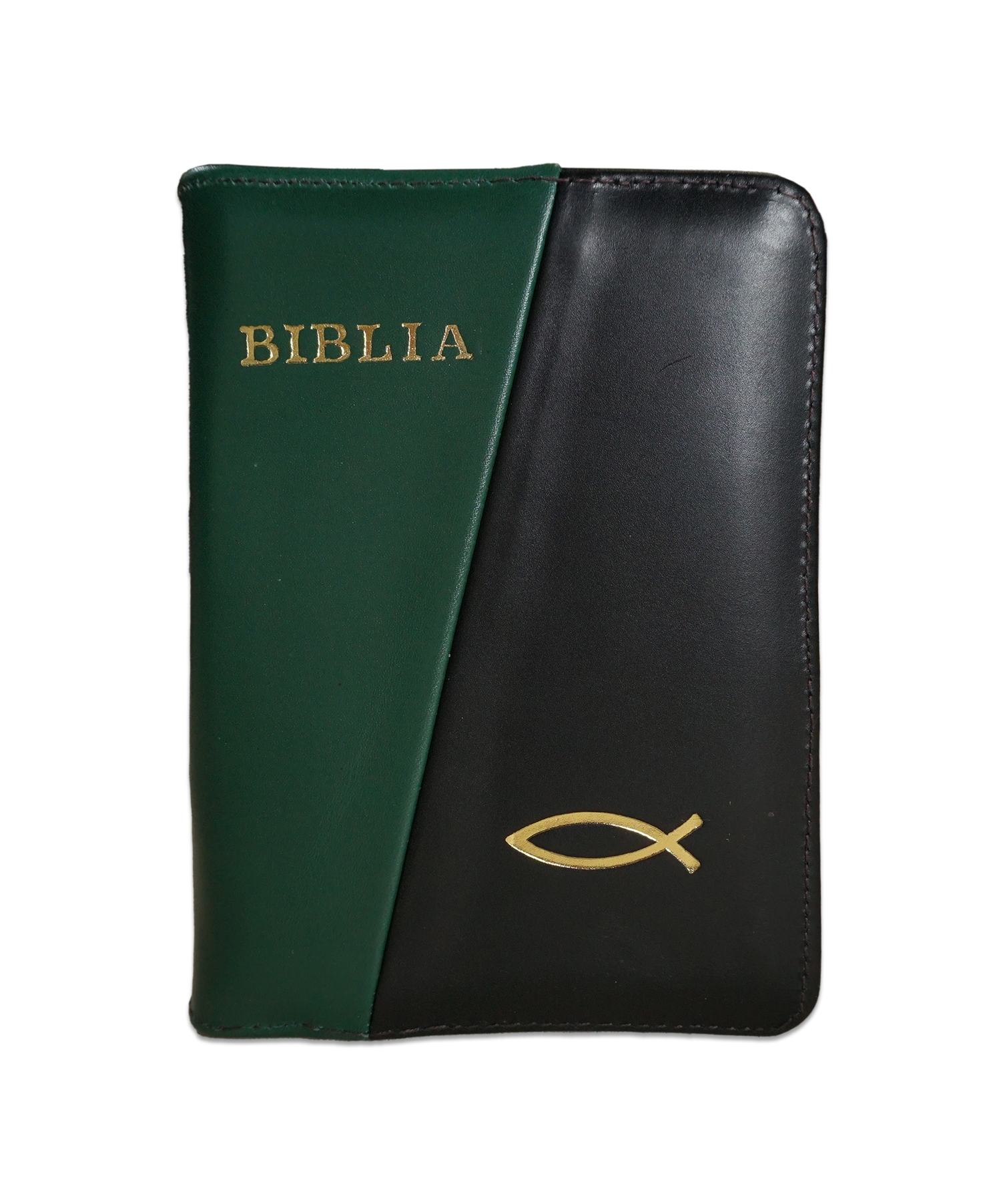 Biblie din piele,  marime mica, culoare verde iarba cu negru, fermoar, margini albe,simbol peste, cuv. lui Isus in rosu [043 PF]