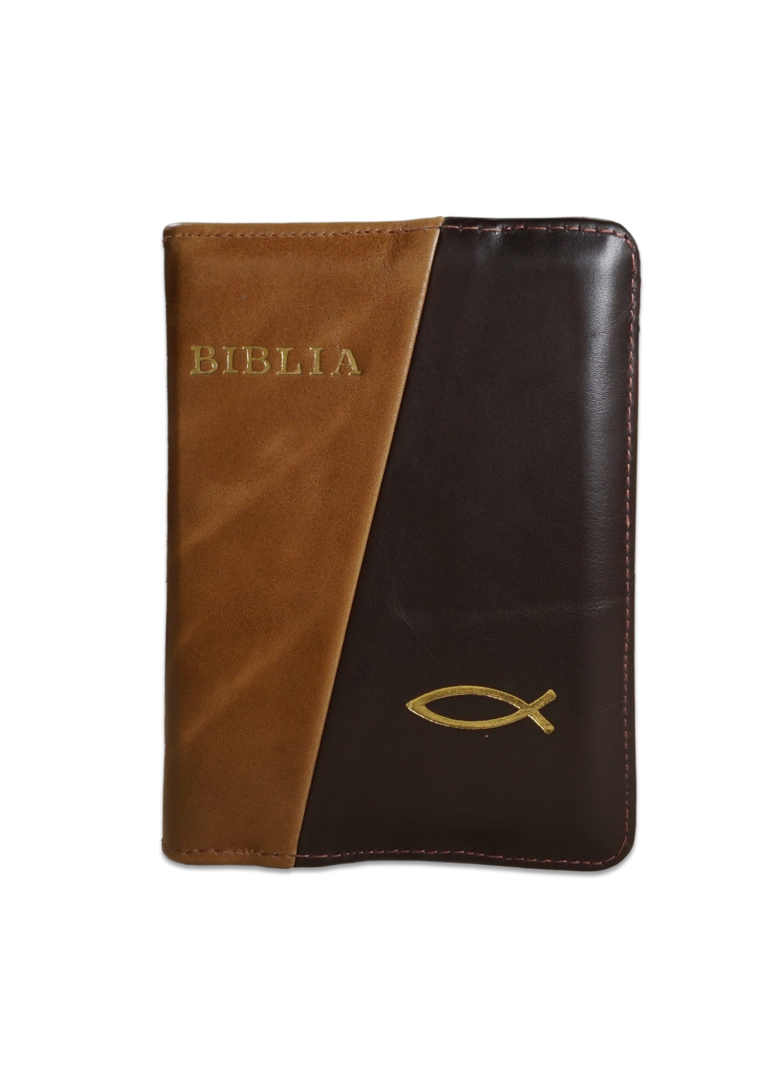 Biblie din piele,  marime mica, culoare maro deschis cu brun, fermoar, margini albe,simbol peste, cuv. lui Isus in rosu [043 PF]