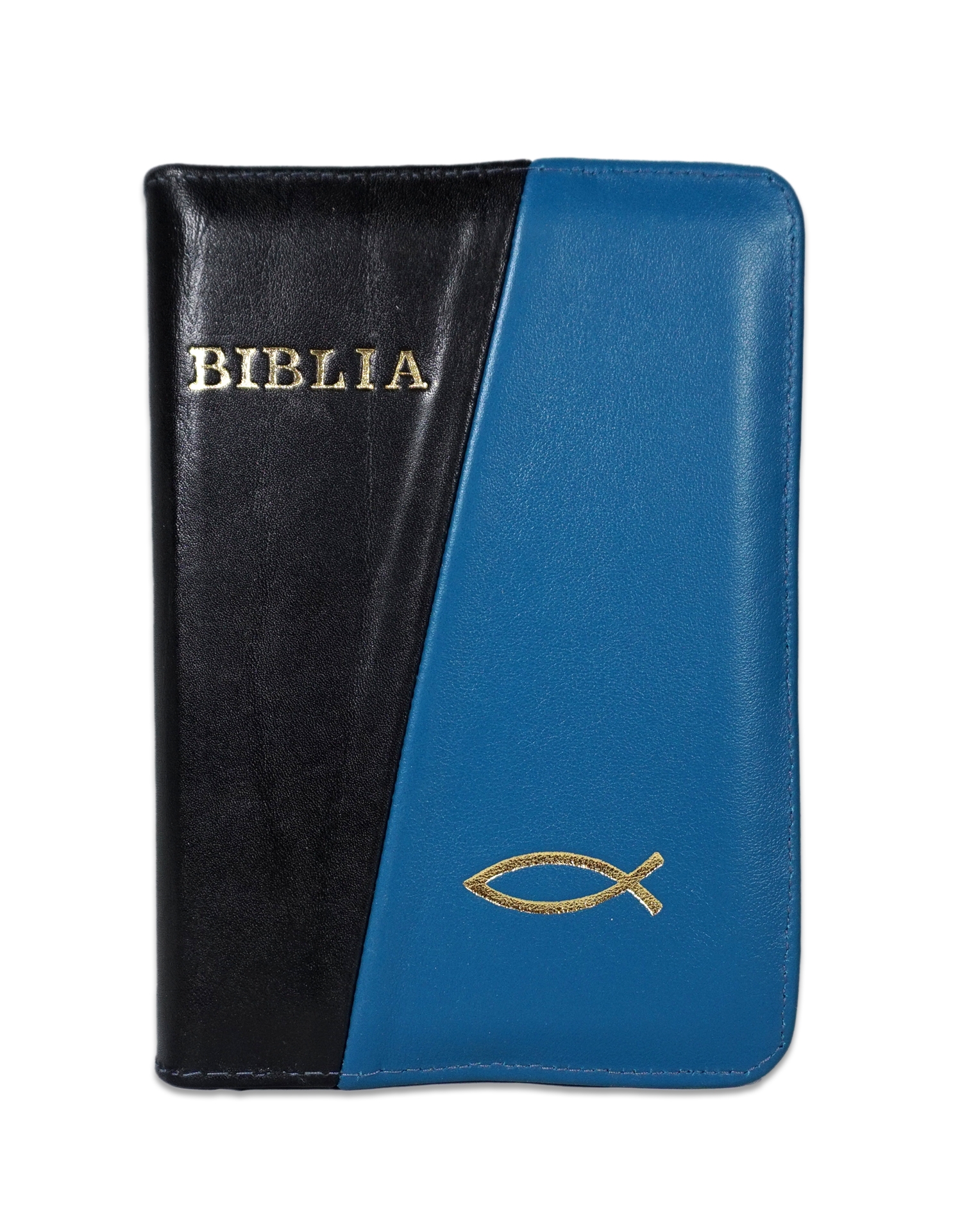 Biblie din piele,  marime mica, culoare negru cu albastru marin, fermoar, margini albe,simbol peste, cuv. lui Isus in rosu [043 PF]