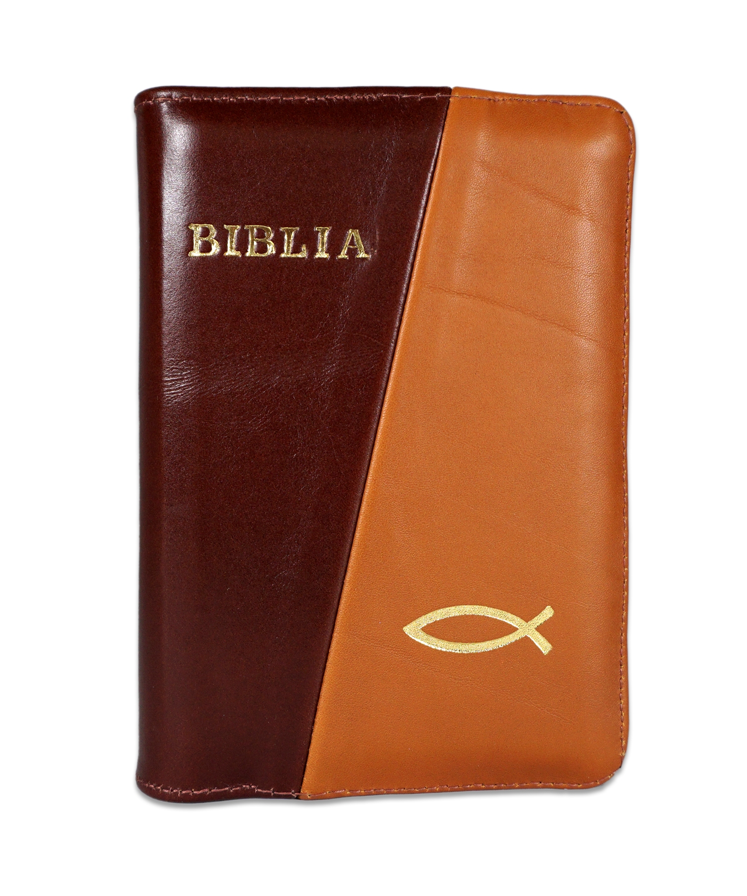 Biblie din piele,  marime mica, culoare maro cu maro deschis, fermoar, margini albe,simbol peste, cuv. lui Isus in rosu [043 PF]