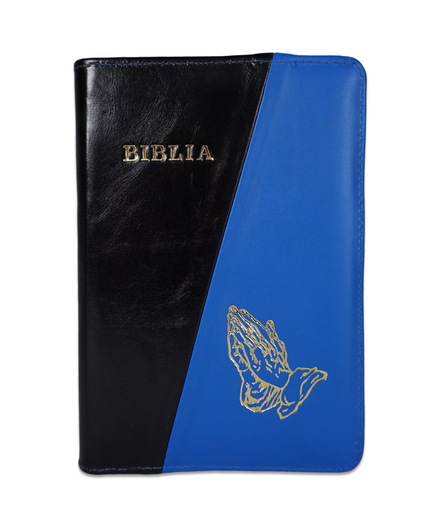 Biblie din piele, marime medie, culoare negru cu albastru, simbol maini in rugaciune, fermoar, index, margini aurii, cuv. lui Isus cu rosu [SB 057 PFI]