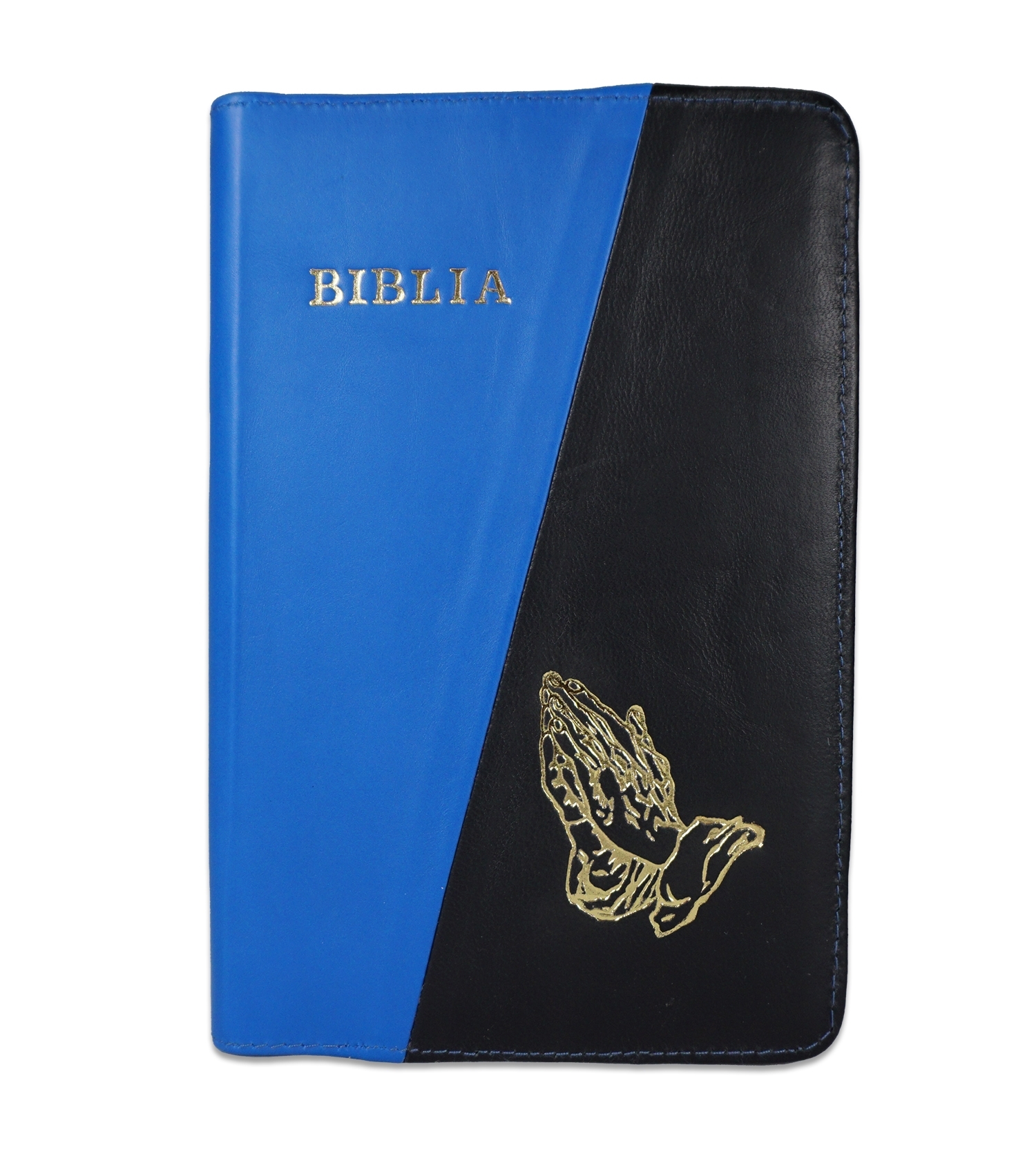 Biblie din piele, marime medie, indigo/negru, fermoar, maini in rugaciune, margini albe,cuv. lui Isus cu rosu [053]