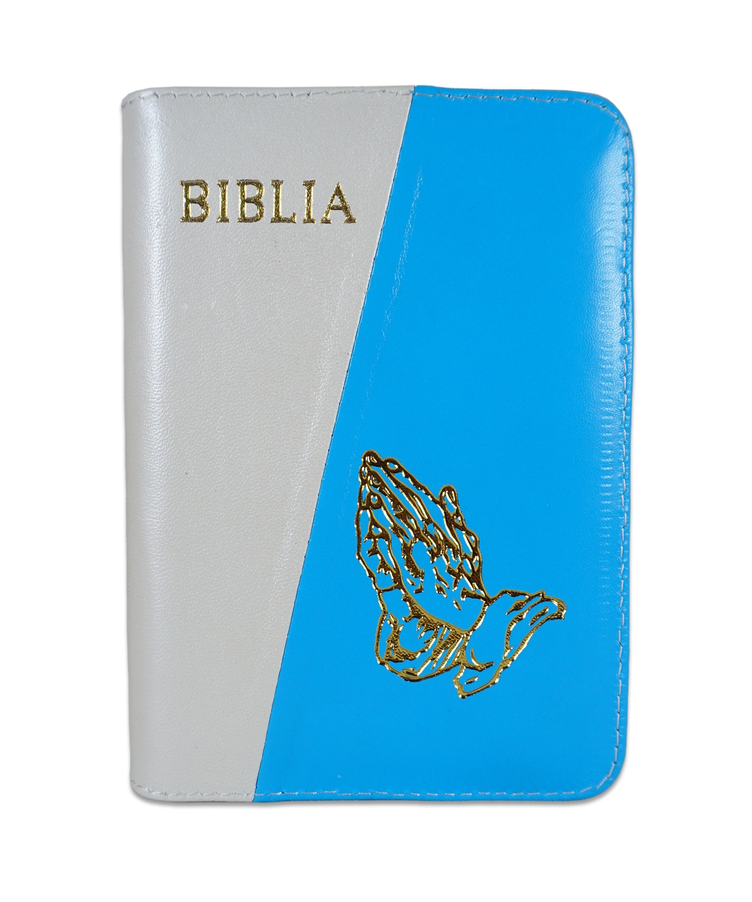 Biblia format mic, din piele, culoare alb cu albastru deschis, index, fermoar, margini argintii, simbol maini in rugaciune, cuv. lui Isus in rosu [047 PFI]