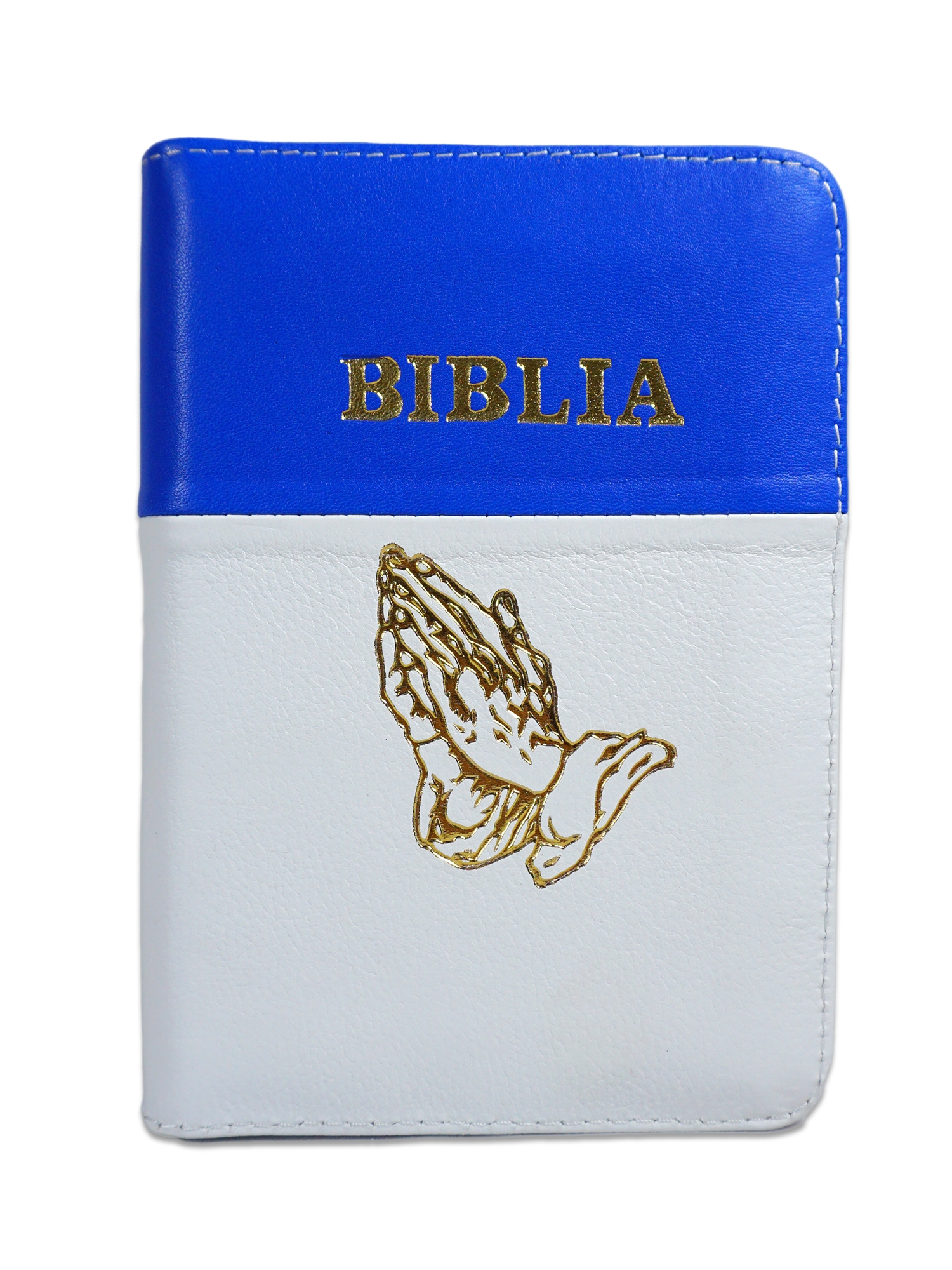 Biblia format mic, din piele, culoare albastru cu alb, index, fermoar, margini argintii, simbol maini in rugaciune, cuv. lui Isus in rosu [047 PFI]