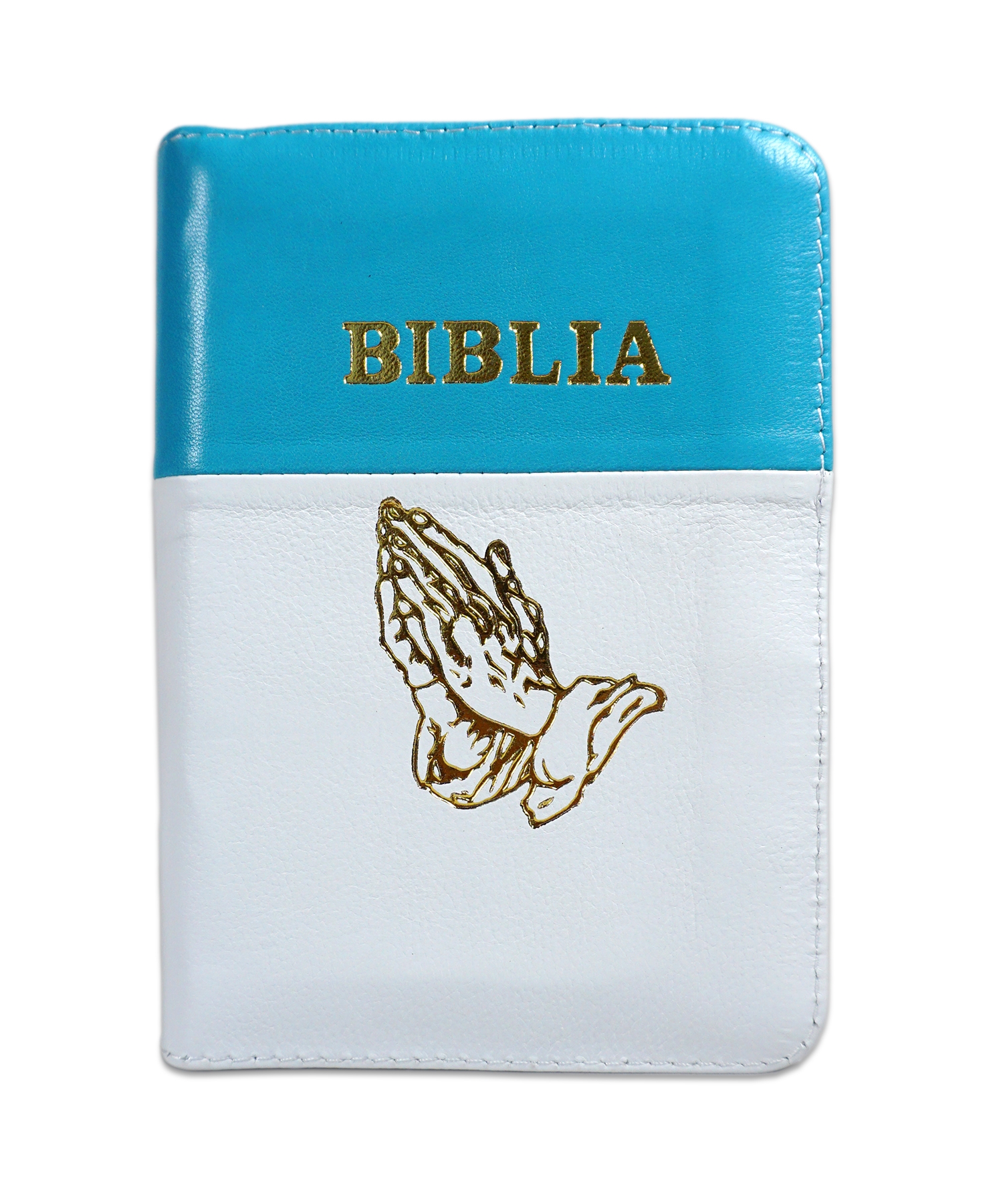 Biblia format mic, din piele, culoare turcoaz cu alb, index, fermoar, margini argintii, simbol maini in rugaciune, cuv. lui Isus in rosu [047 PFI]