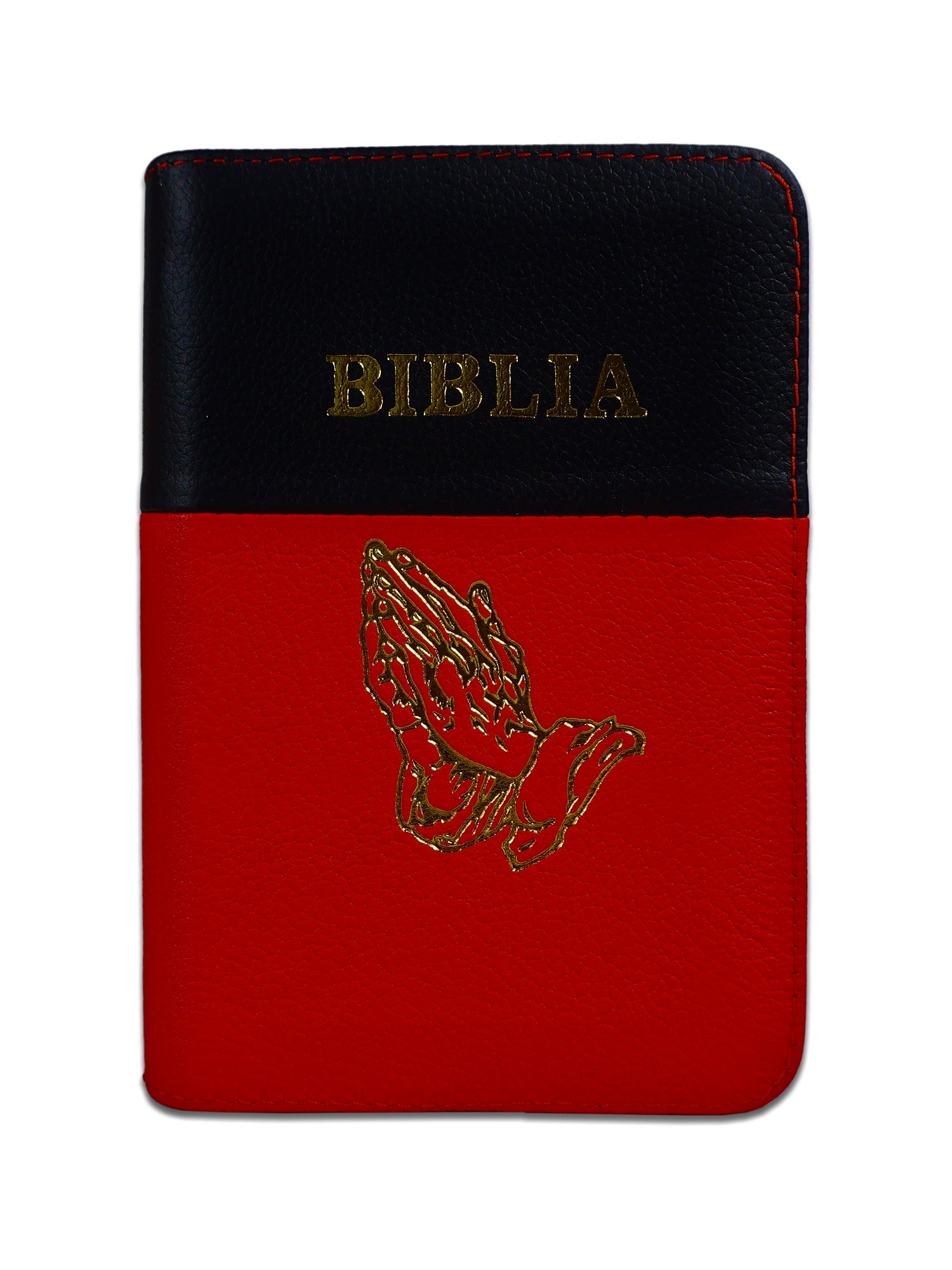 Biblia format mic, din piele, culoare negru cu rosu, index, fermoar, margini argintii, simbol maini in rugaciune, cuv. lui Isus in rosu [047 PFI]