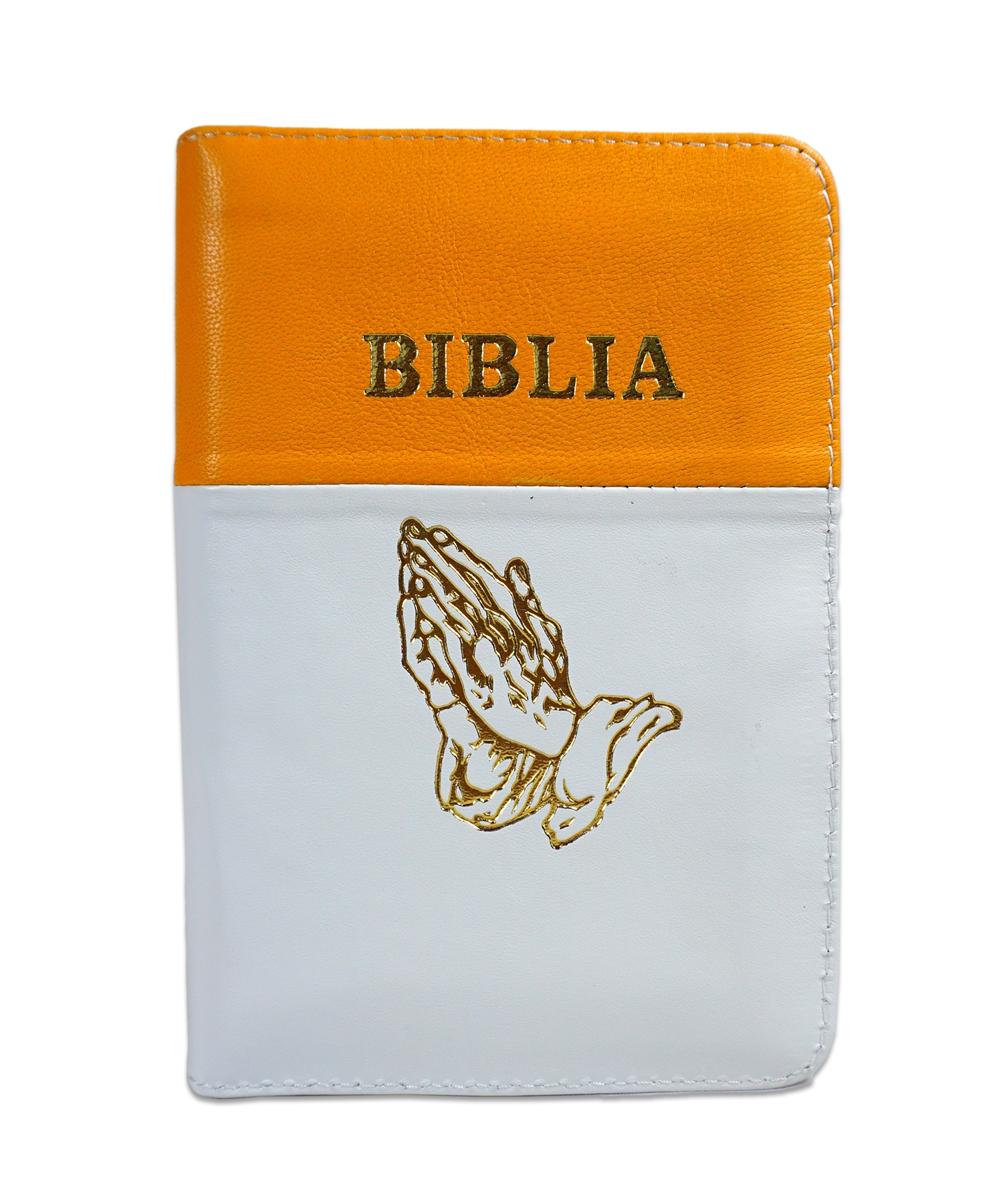 Biblia format mic, din piele, culoare portocaliu  cu alb, index, fermoar, margini argintii, simbol maini in rugaciune, cuv. lui Isus in rosu [047 PFI]