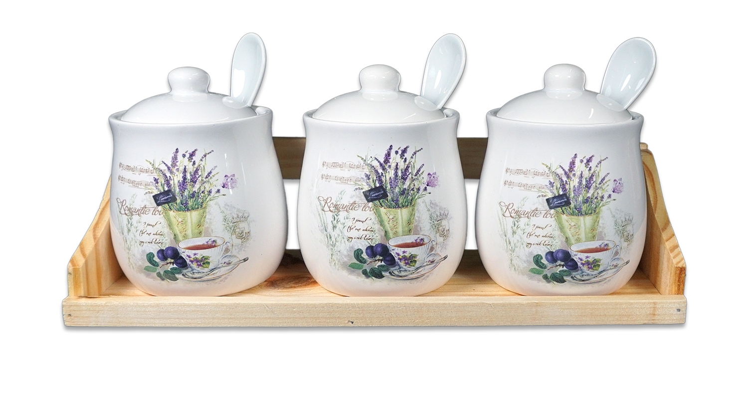 Suport condimente cu lingurita pe suport de lemn Suport condimente cu lingurita pe suport de lemn