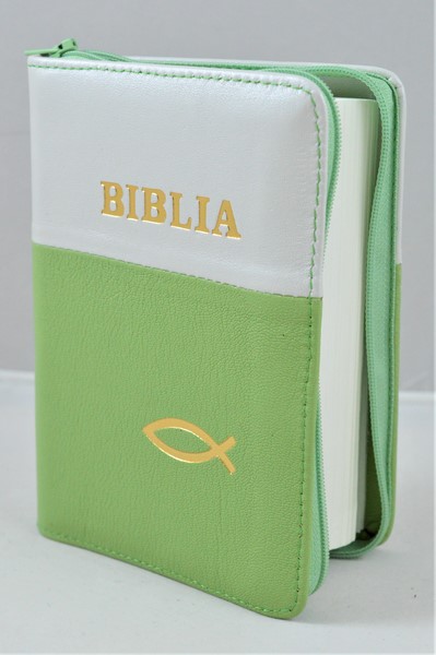 Biblie din piele, mica, ivory/verde, fermoar, margini albe, simbolul peste, cuv. lui Isus in rosu [043 PF]