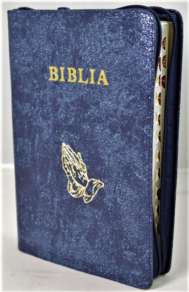 Biblie mare, piele, bleumarin texturat, fermoar, index, margini argintii, simbol maini, cuv. Isus cu rosu [SI 073 PFI]